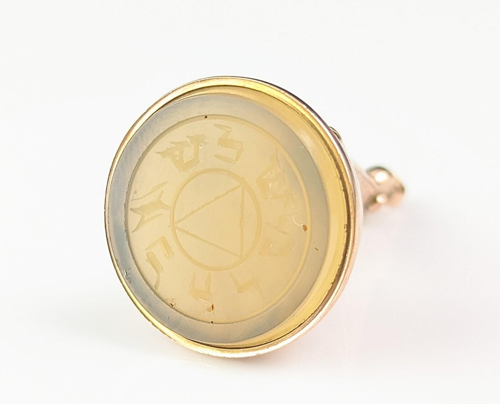 Antique 9k gold Masonic seal fob pendant, chalcedony  6