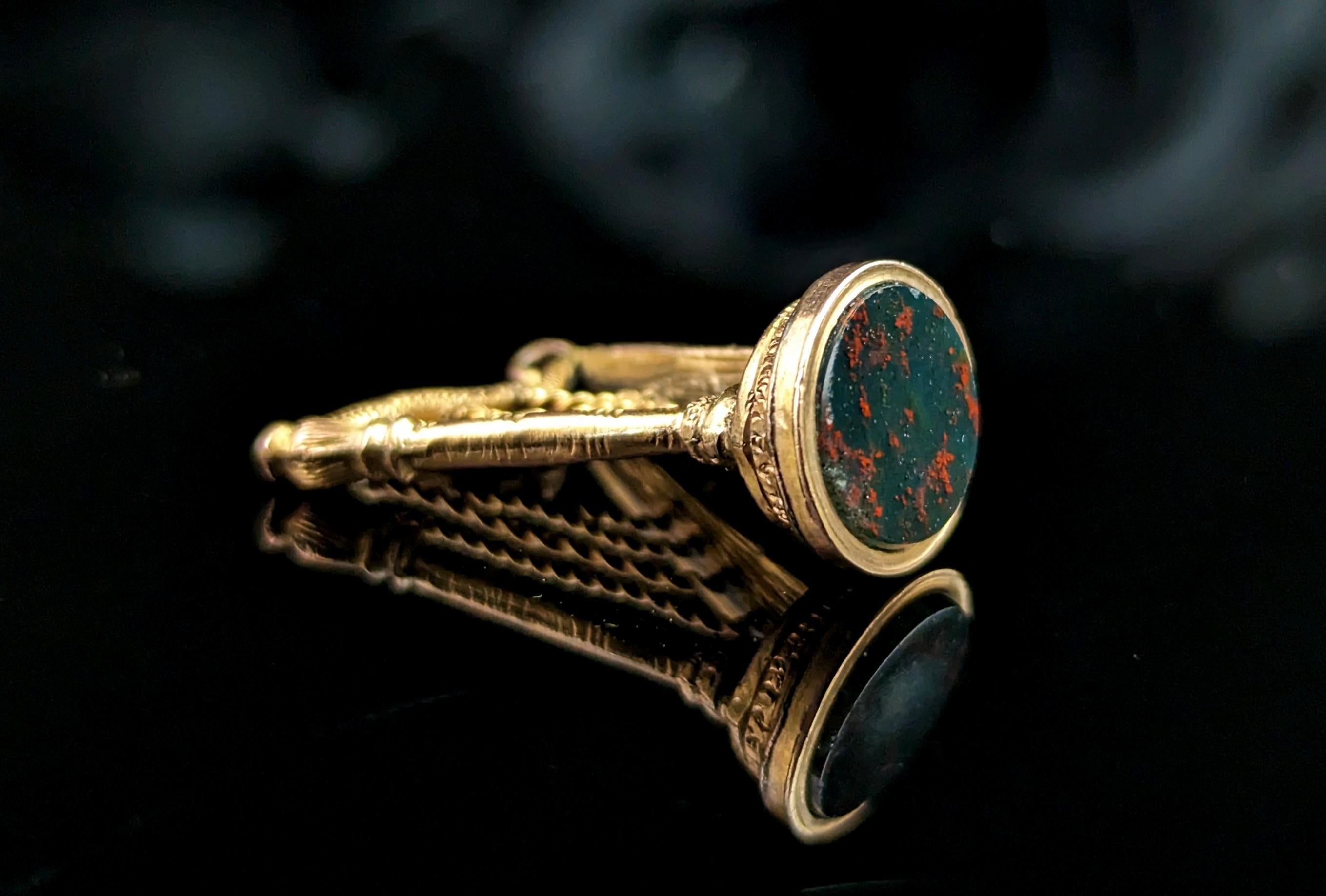 Edwardian Antique 9k gold novelty seal fob pendant, harp, Bloodstone  For Sale