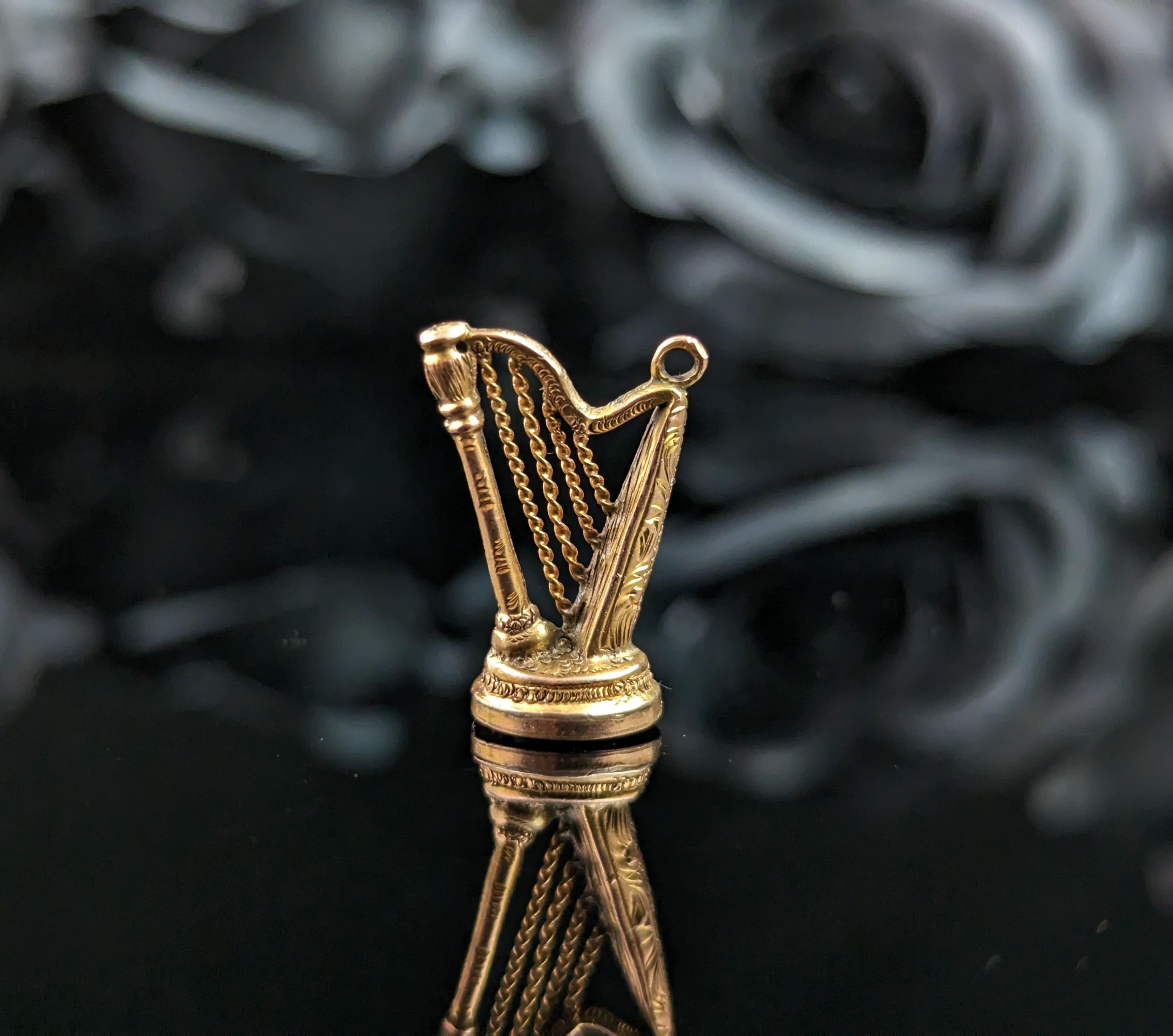 Women's or Men's Antique 9k gold novelty seal fob pendant, harp, Bloodstone  For Sale