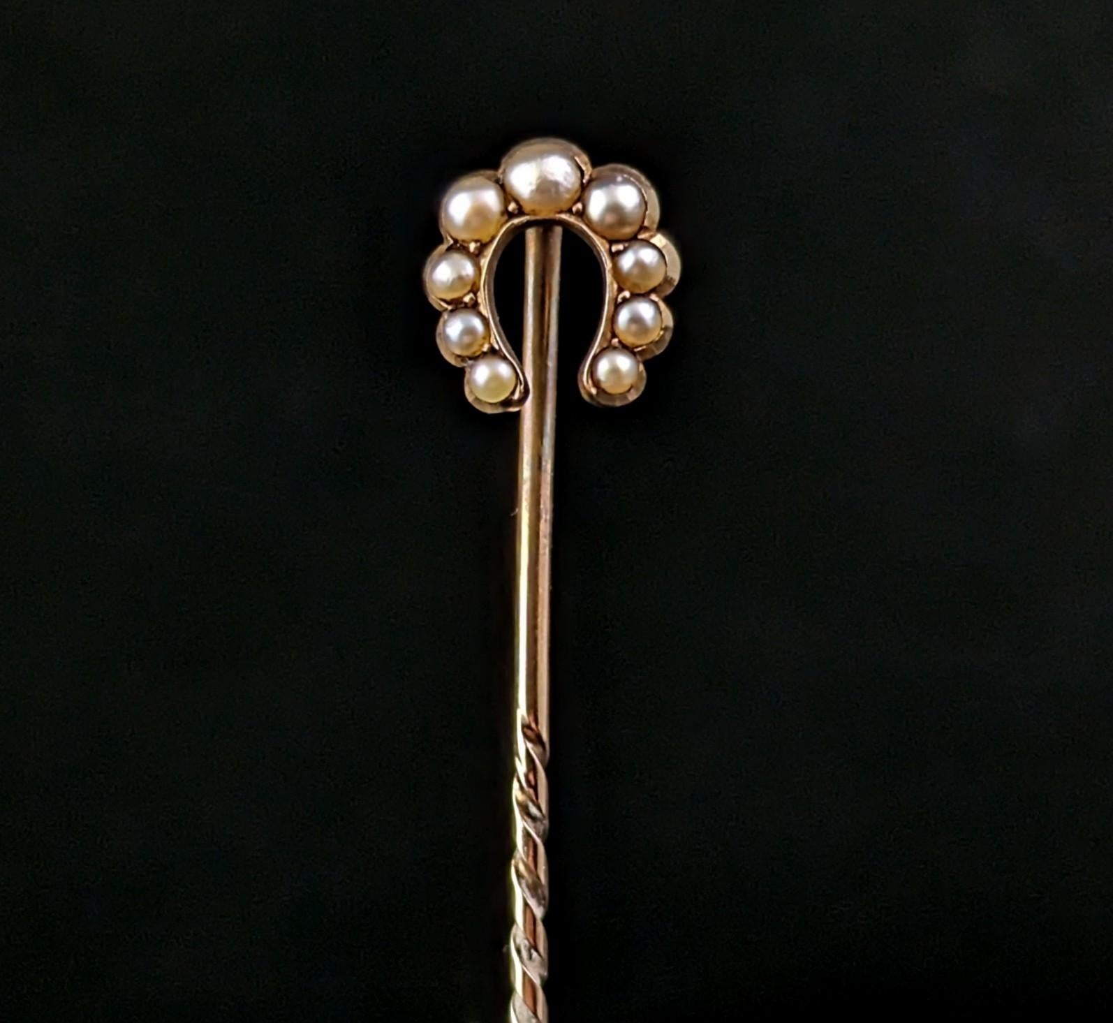 Antique 9k gold Pearl lucky horseshoe stick pin  4