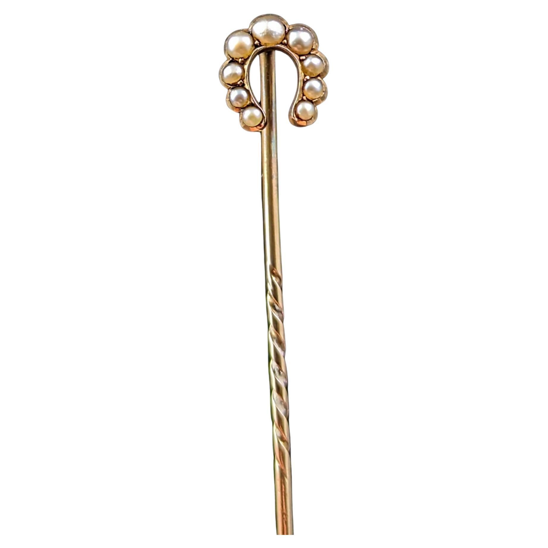 Antique 9k gold Pearl lucky horseshoe stick pin 