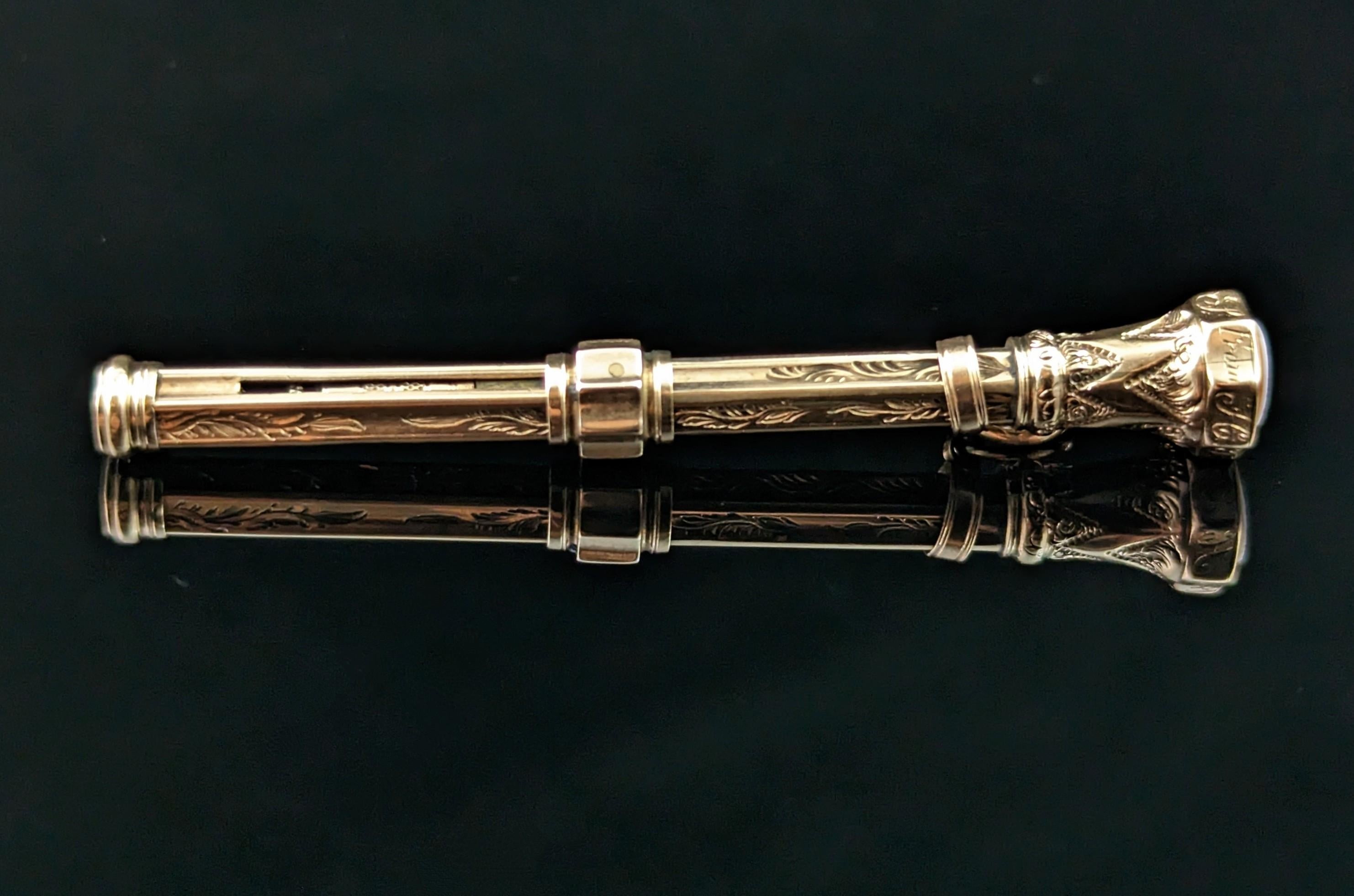 Antique 9k Gold Propelling Pencil, Sardonyx Seal 1