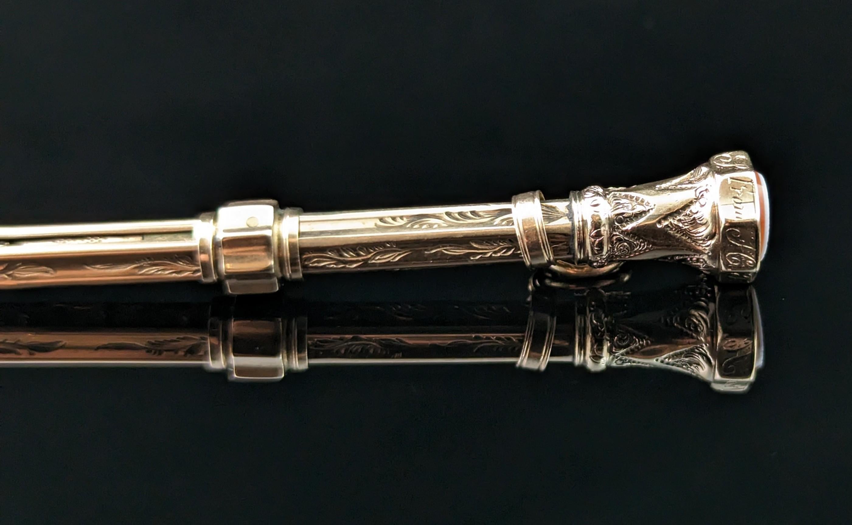 Women's or Men's Antique 9k Gold Propelling Pencil, Sardonyx Seal