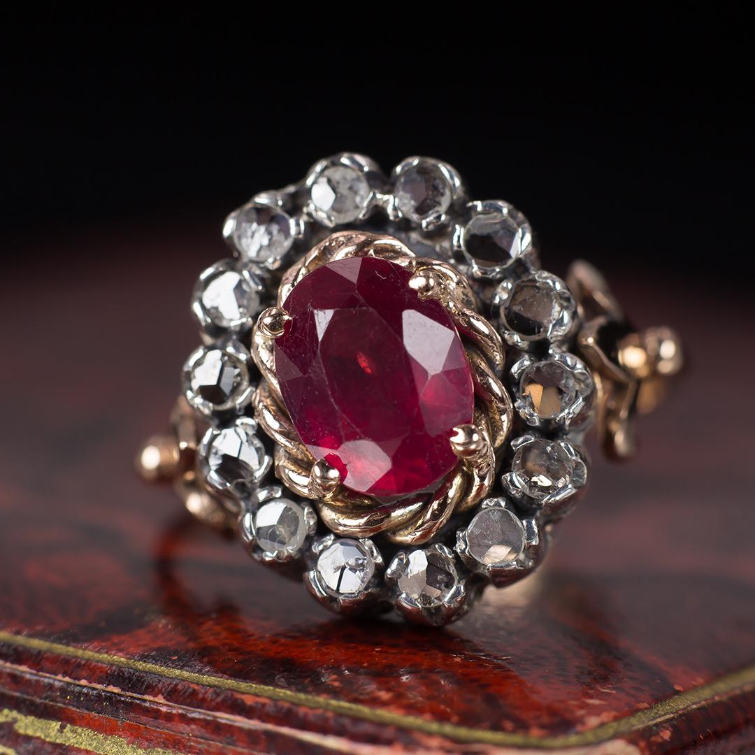 Women's or Men's Antique 9 Karat Gold, Ruby and Rose Cut Diamond Ring, 1940s