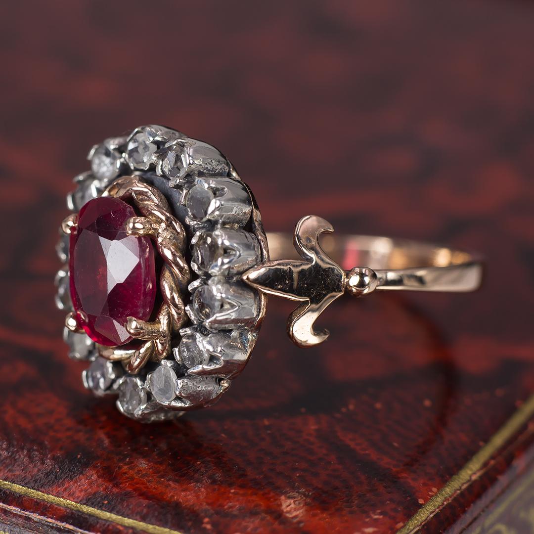 Antique 9 Karat Gold, Ruby and Rose Cut Diamond Ring, 1940s 1