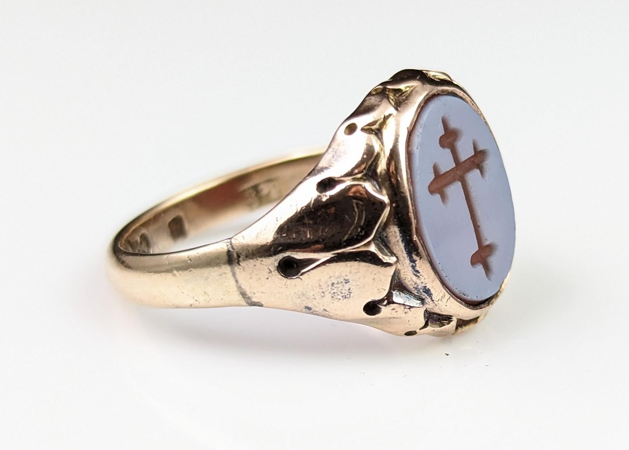 Antique 9k Gold Sardonyx Signet Ring, Cross, Victorian 9