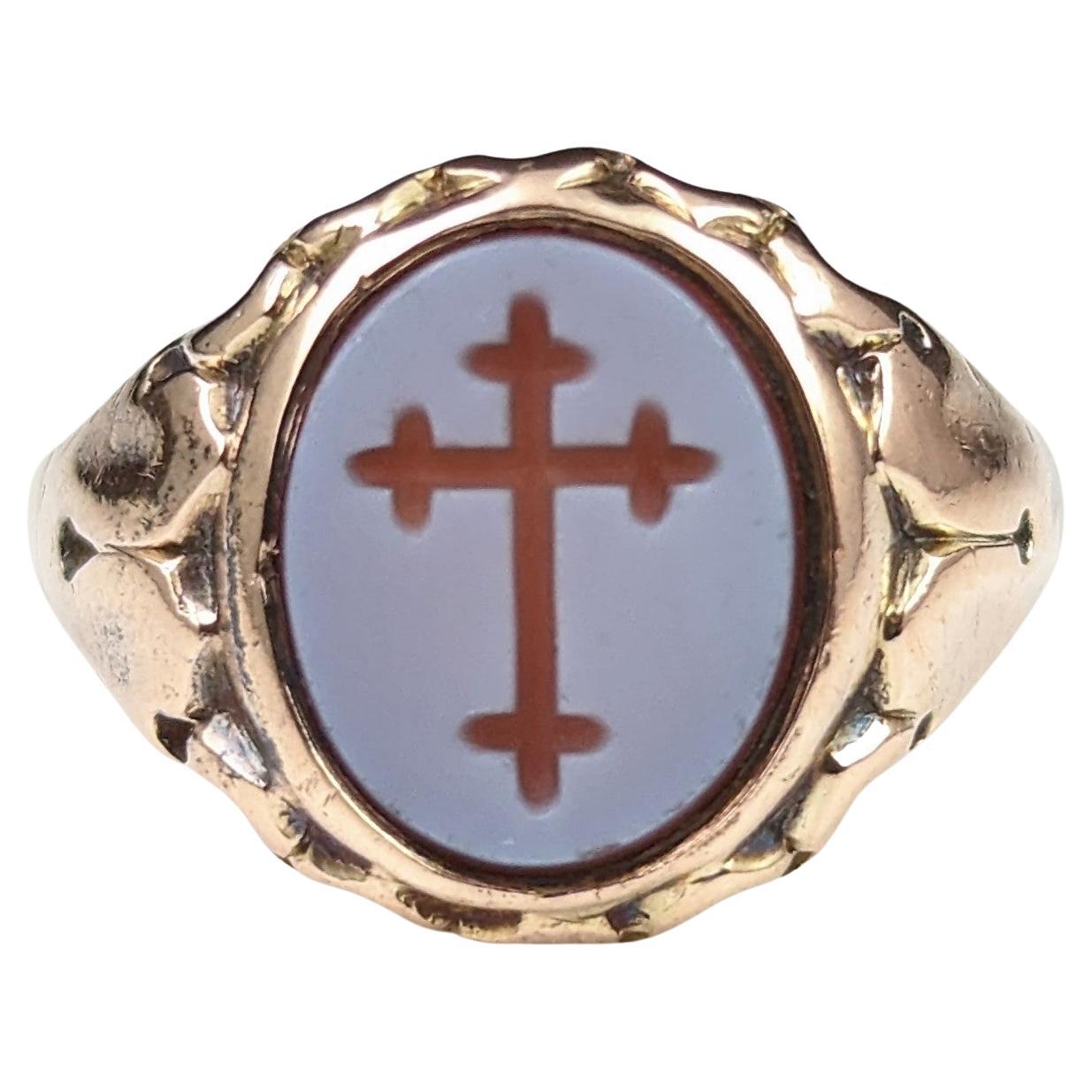 Antique 9k Gold Sardonyx Signet Ring, Cross, Victorian