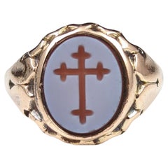 Antique 9k Gold Sardonyx Signet Ring, Cross, Victorian