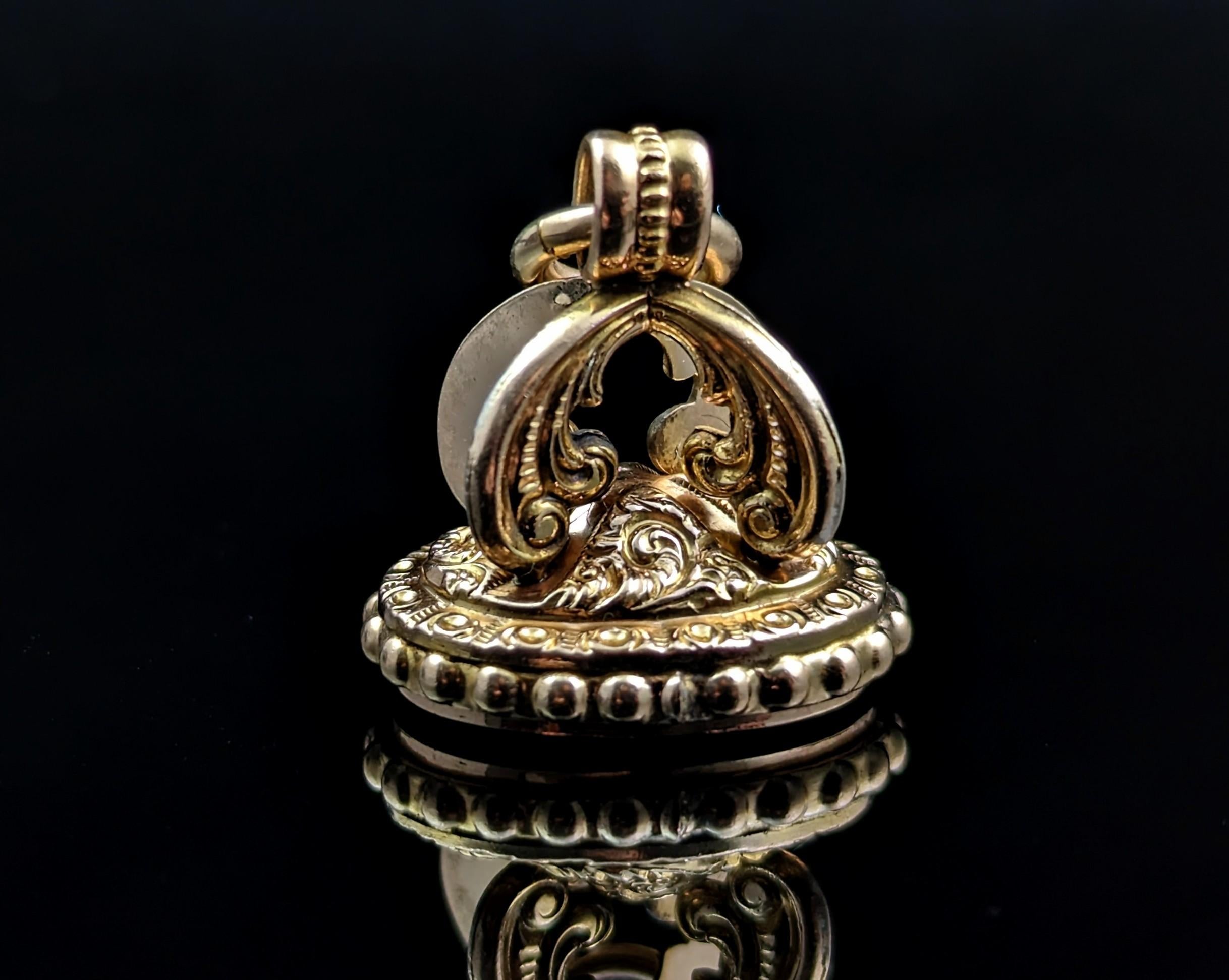Antique 9k Gold Seal Fob Pendant, Carnelian, Messenger of the Gods 4