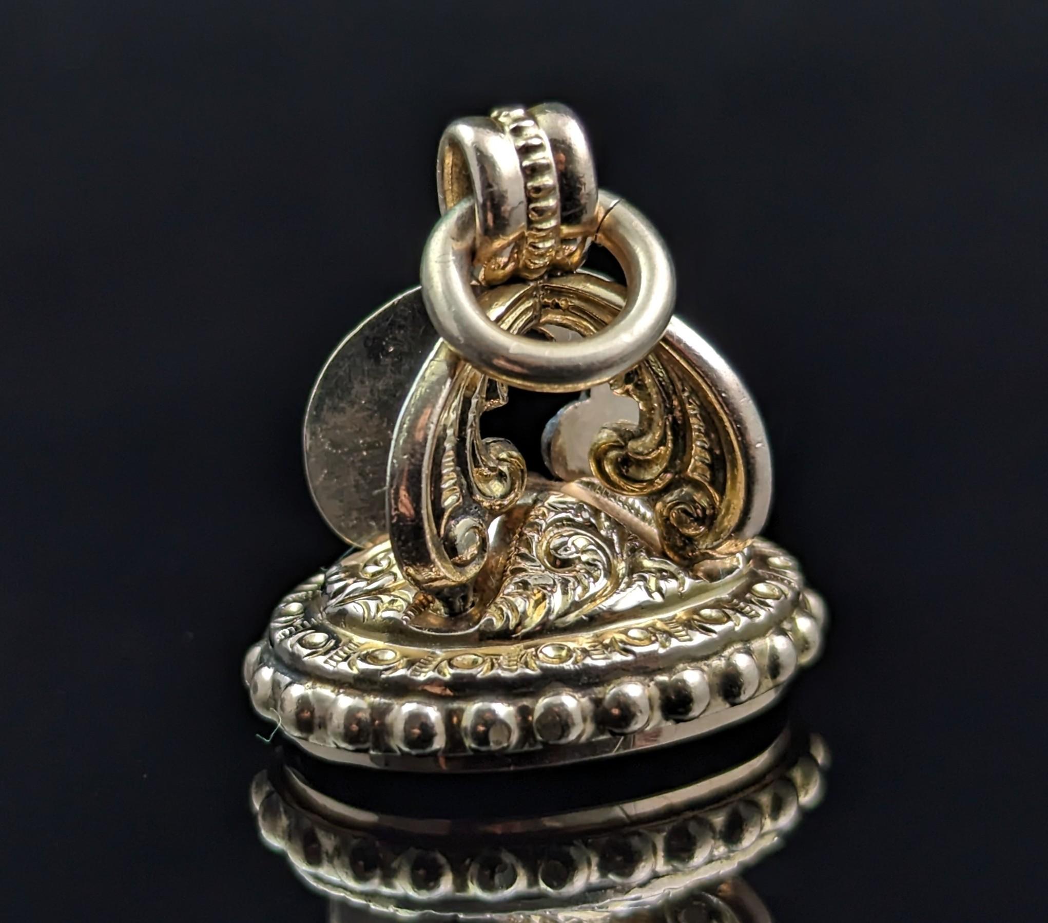Antique 9k Gold Seal Fob Pendant, Carnelian, Messenger of the Gods 5