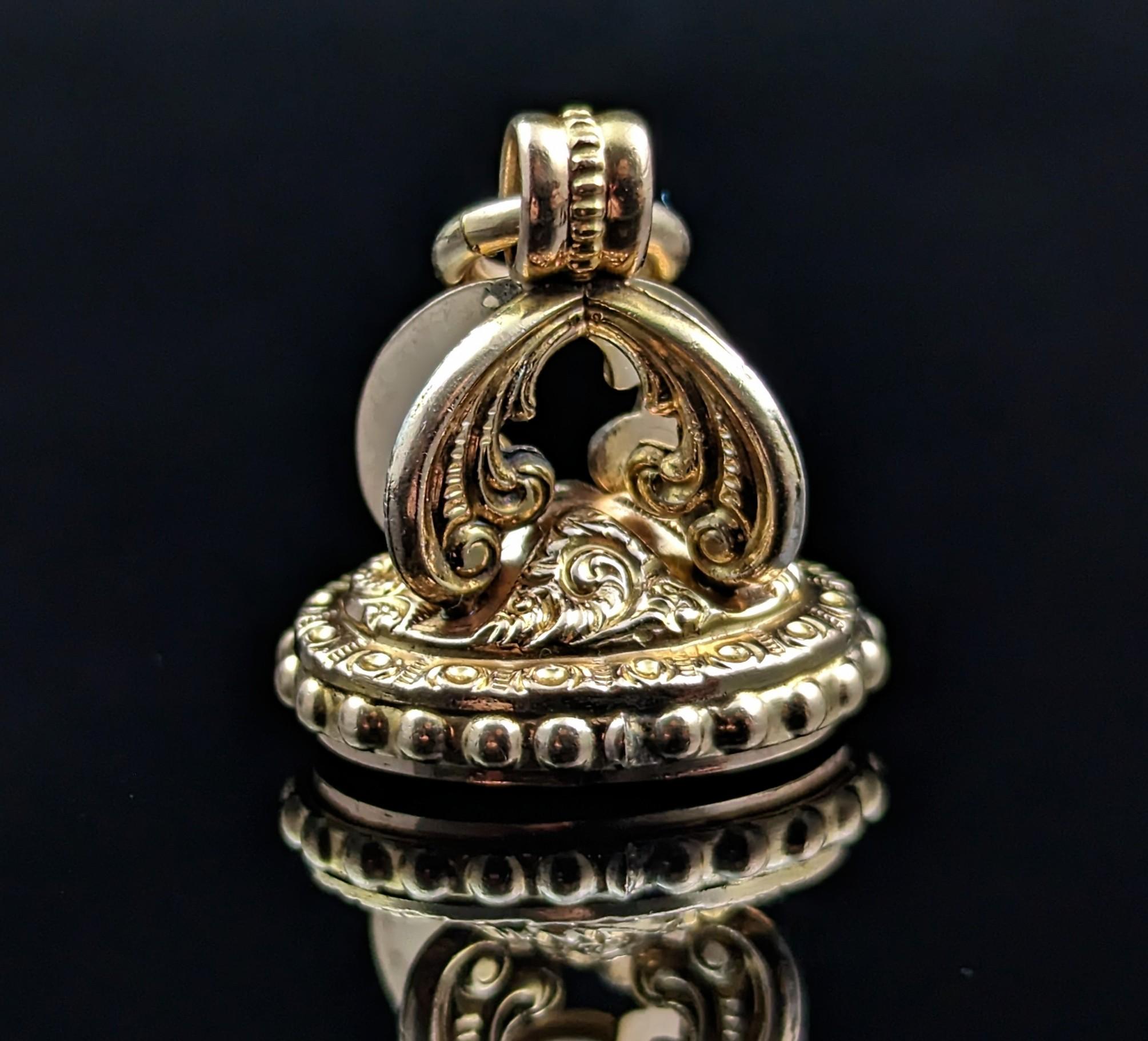 Women's or Men's Antique 9k Gold Seal Fob Pendant, Carnelian, Messenger of the Gods