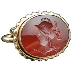 Antique 9k Gold Seal Fob Pendant, Carnelian, Messenger of the Gods