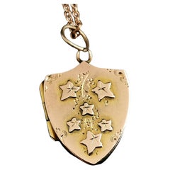Antique 9k gold shield shaped locket, Ivy engraved, necklace 