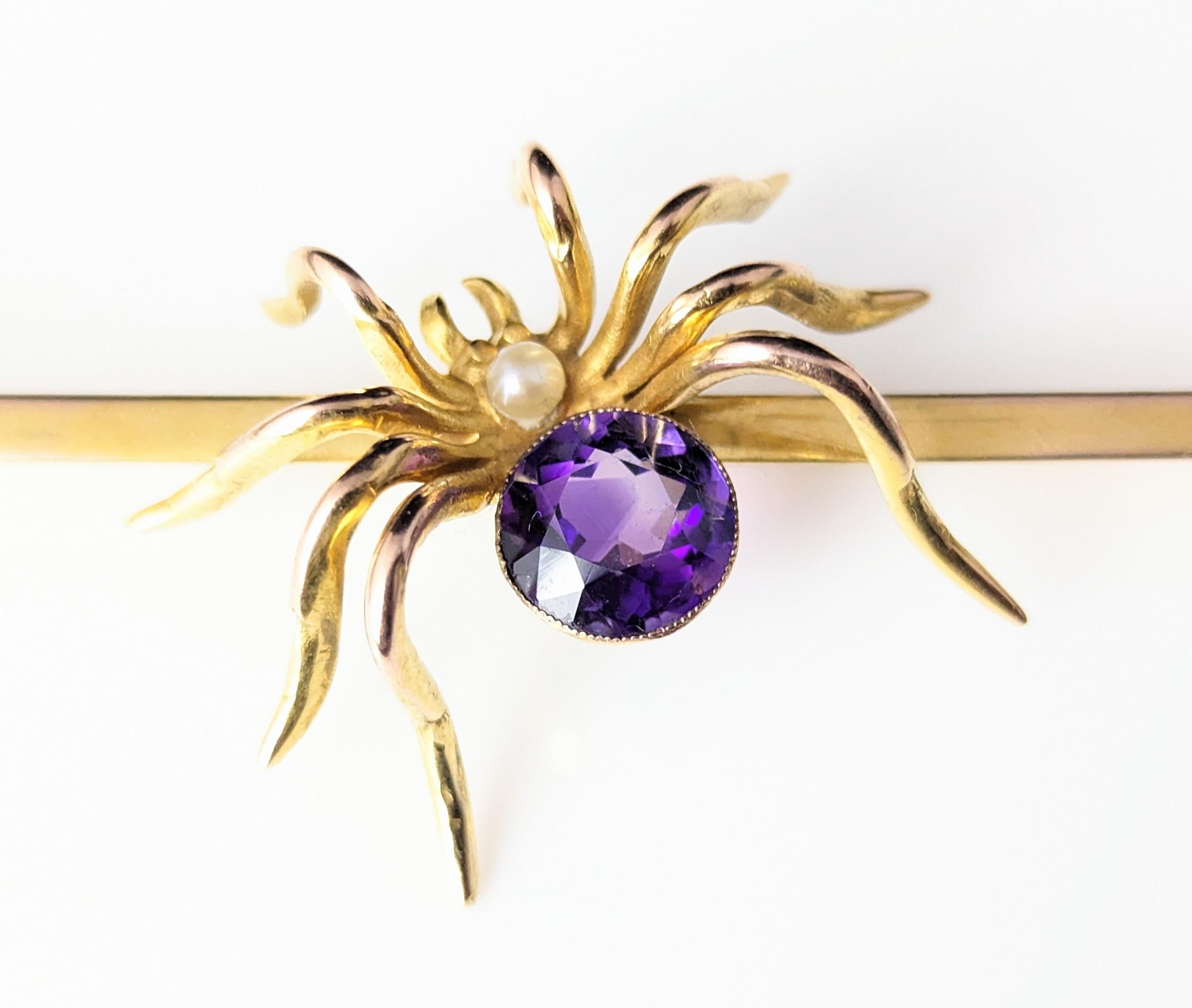 Antique 9k gold spider brooch, Amethyst and Pearl, large, boxed  5