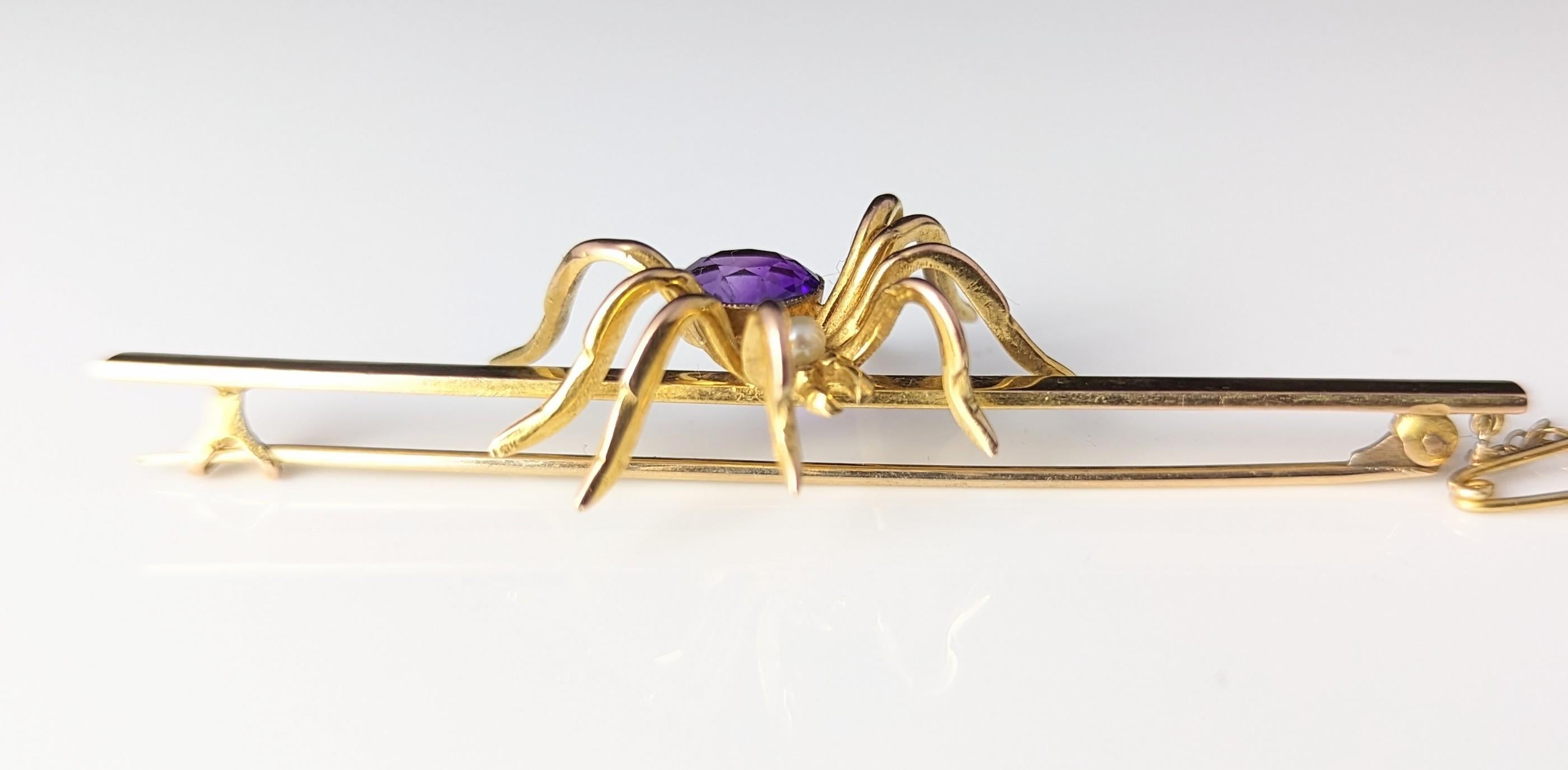 Antique 9k gold spider brooch, Amethyst and Pearl, large, boxed  6