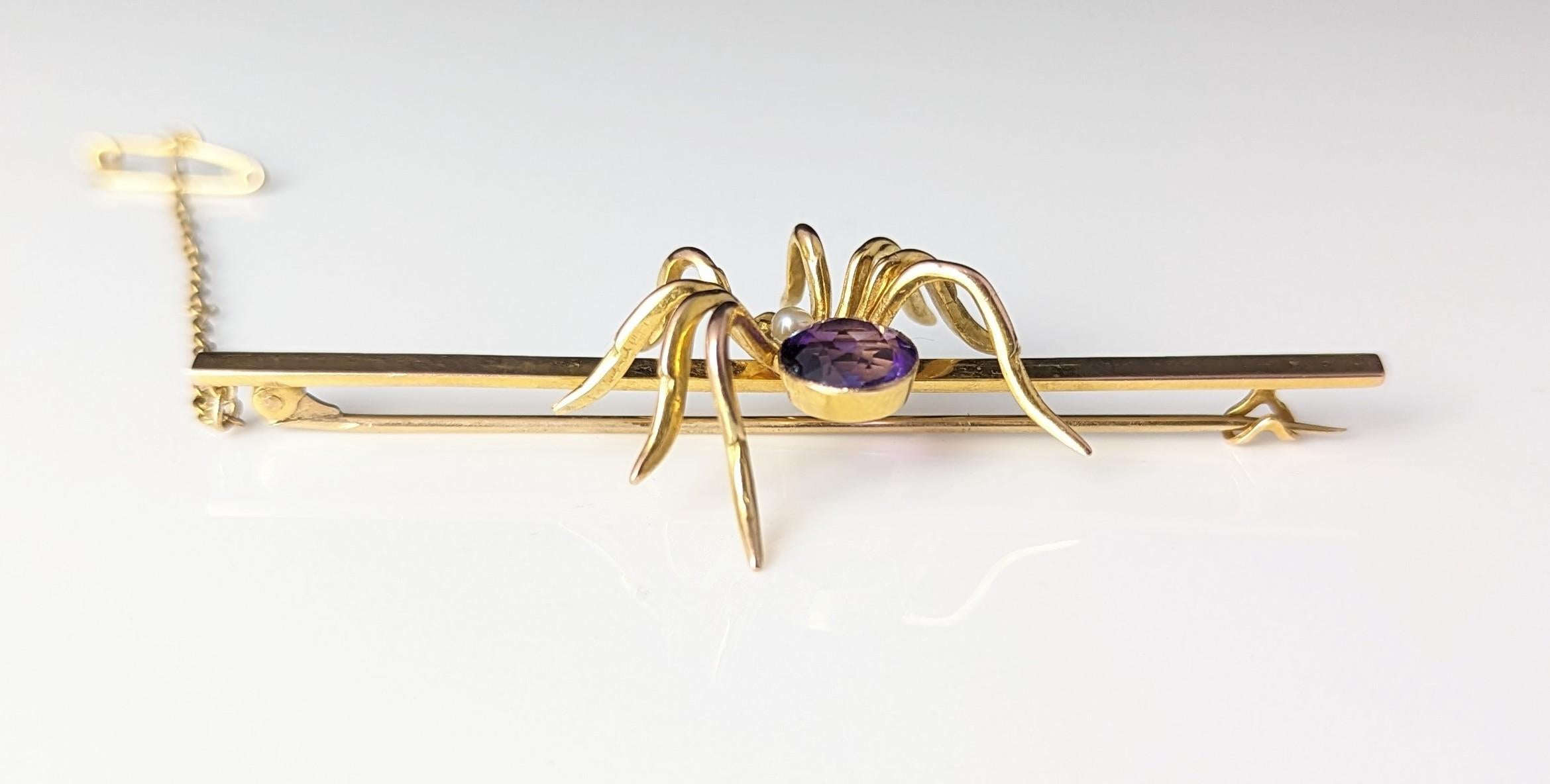 Antique 9k gold spider brooch, Amethyst and Pearl, large, boxed  7
