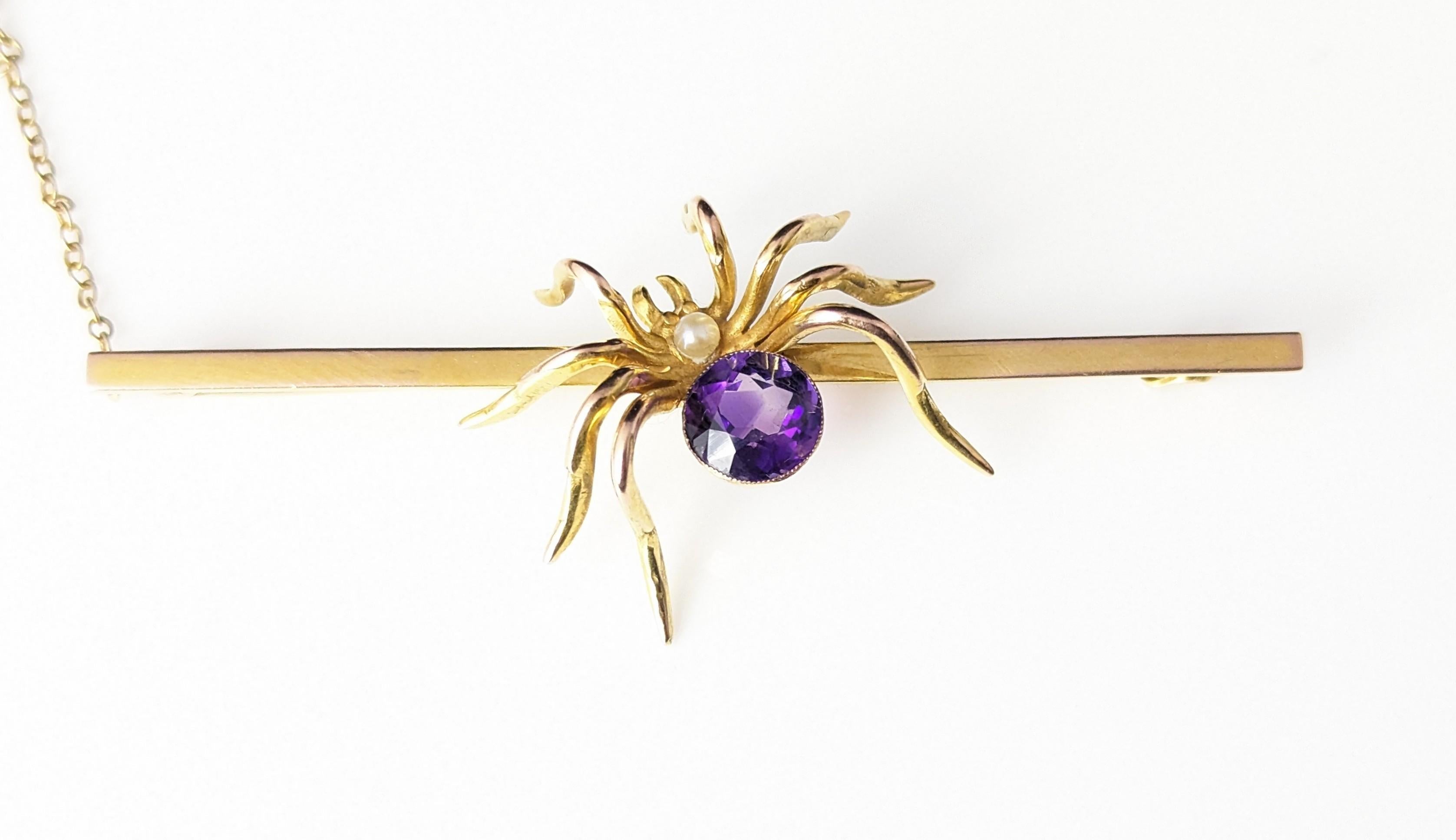 Antique 9k gold spider brooch, Amethyst and Pearl, large, boxed  9