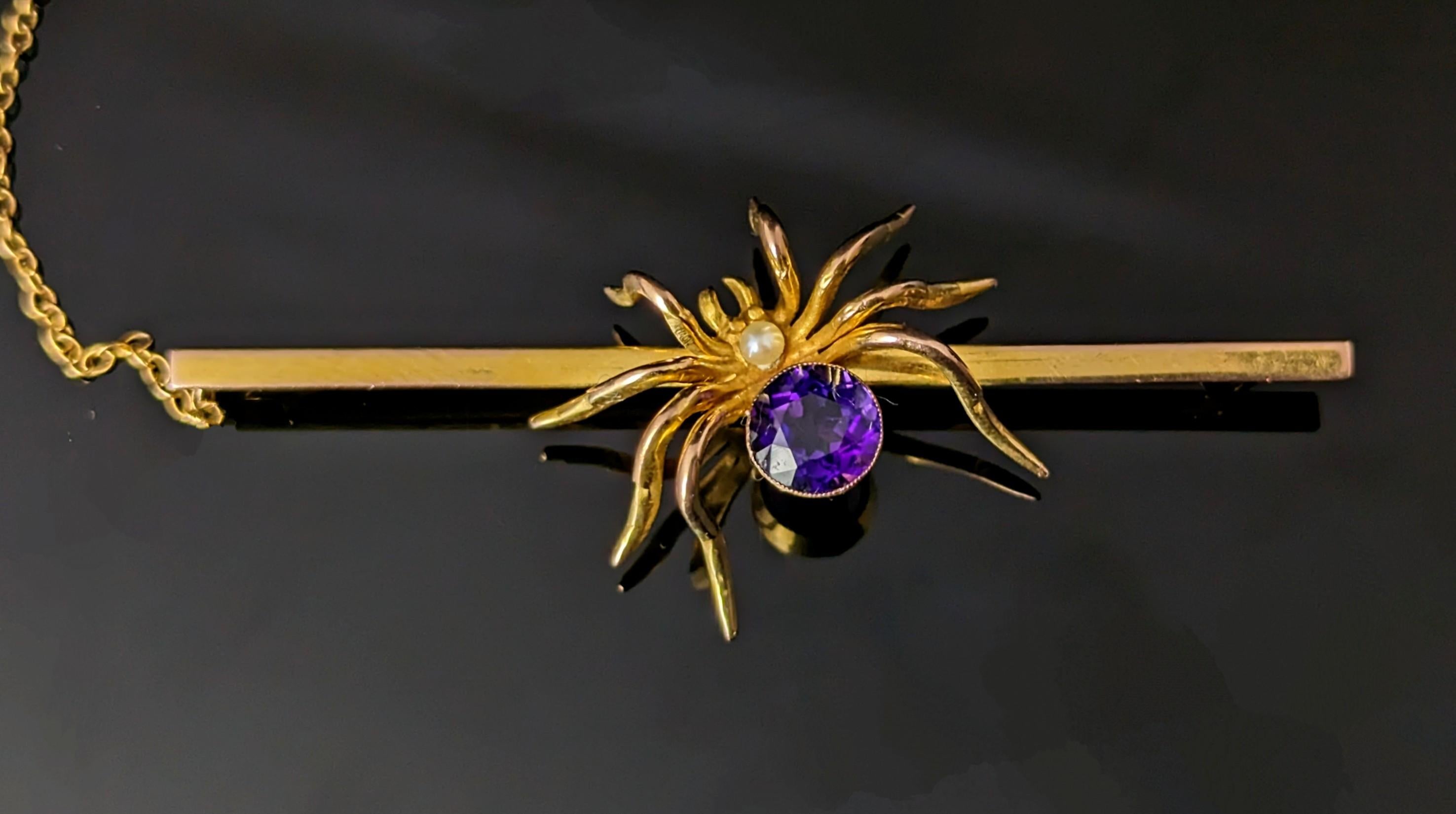 There are spider brooches and then there are SPIDER brooches, this beauty is definitely in the latter category.

This is a very fine and handsome example, a large 9ct gold bar brooch mounted with a substantial sized gold spider.

The spiders body is