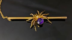 Antique 9k gold spider brooch, Amethyst and Pearl, large, boxed