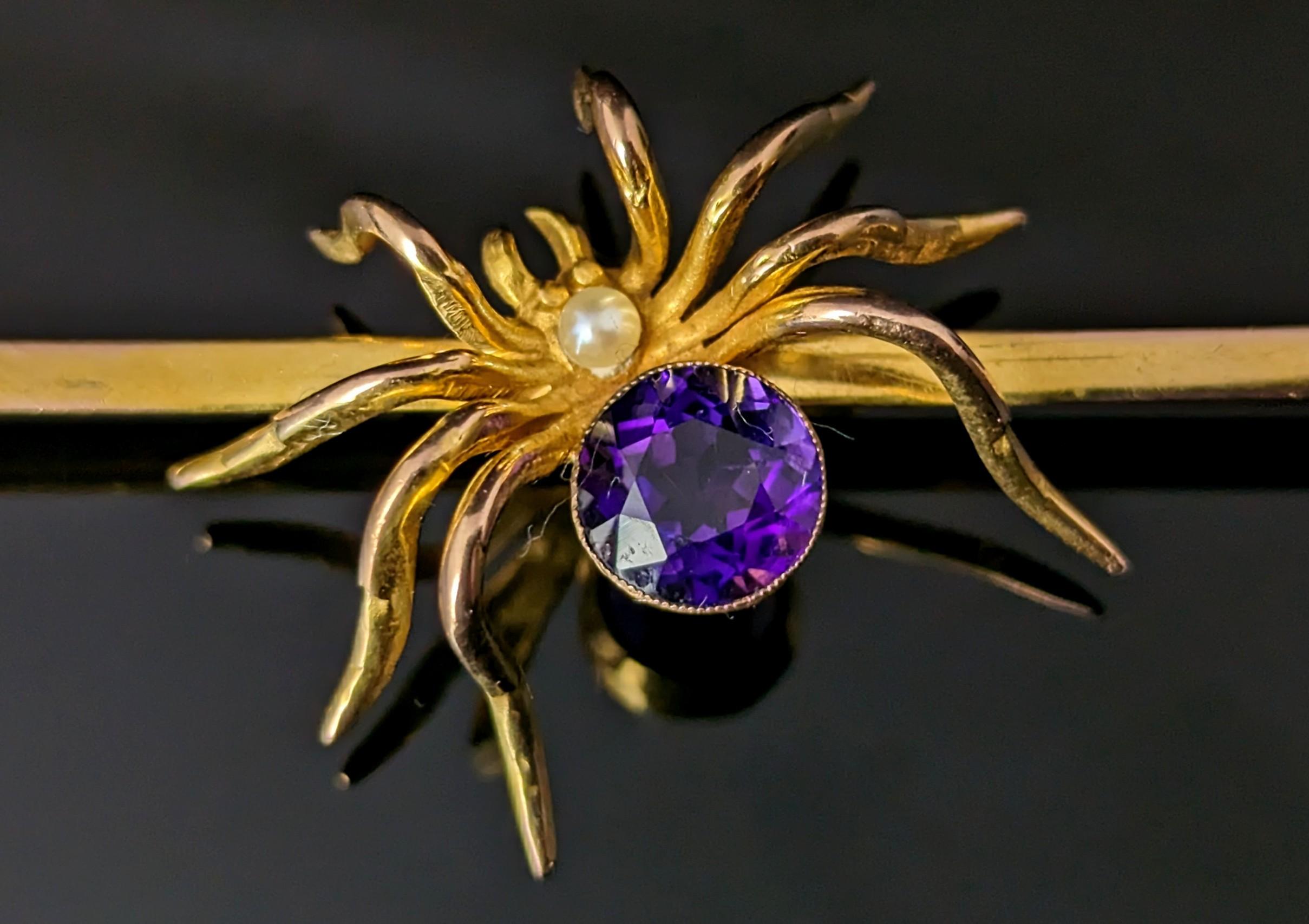 Victorian Antique 9k gold spider brooch, Amethyst and Pearl, large, boxed 