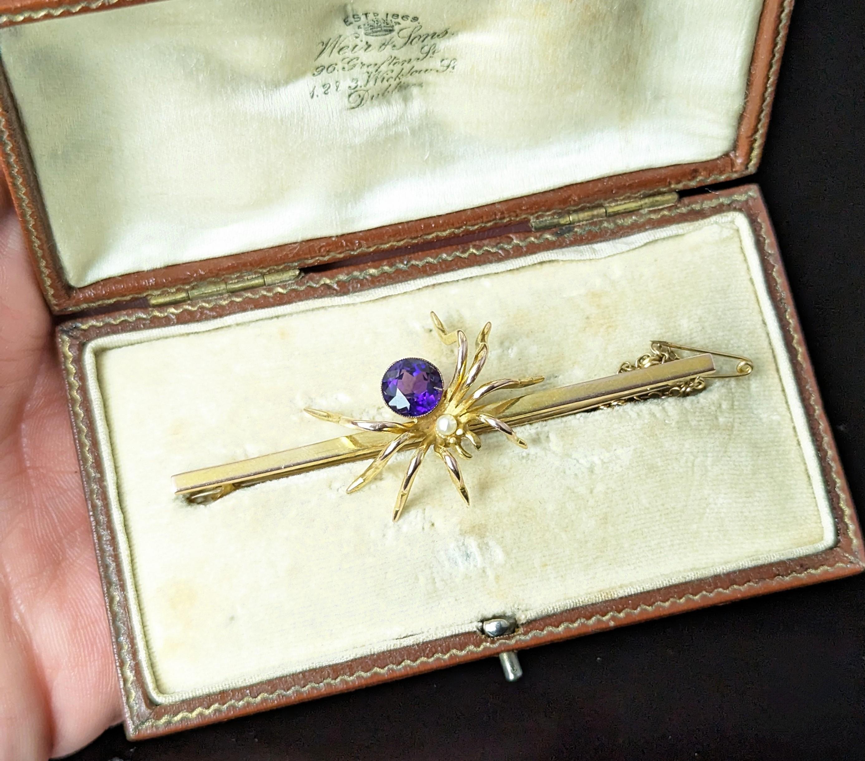 Antique 9k gold spider brooch, Amethyst and Pearl, large, boxed  In Good Condition In NEWARK, GB
