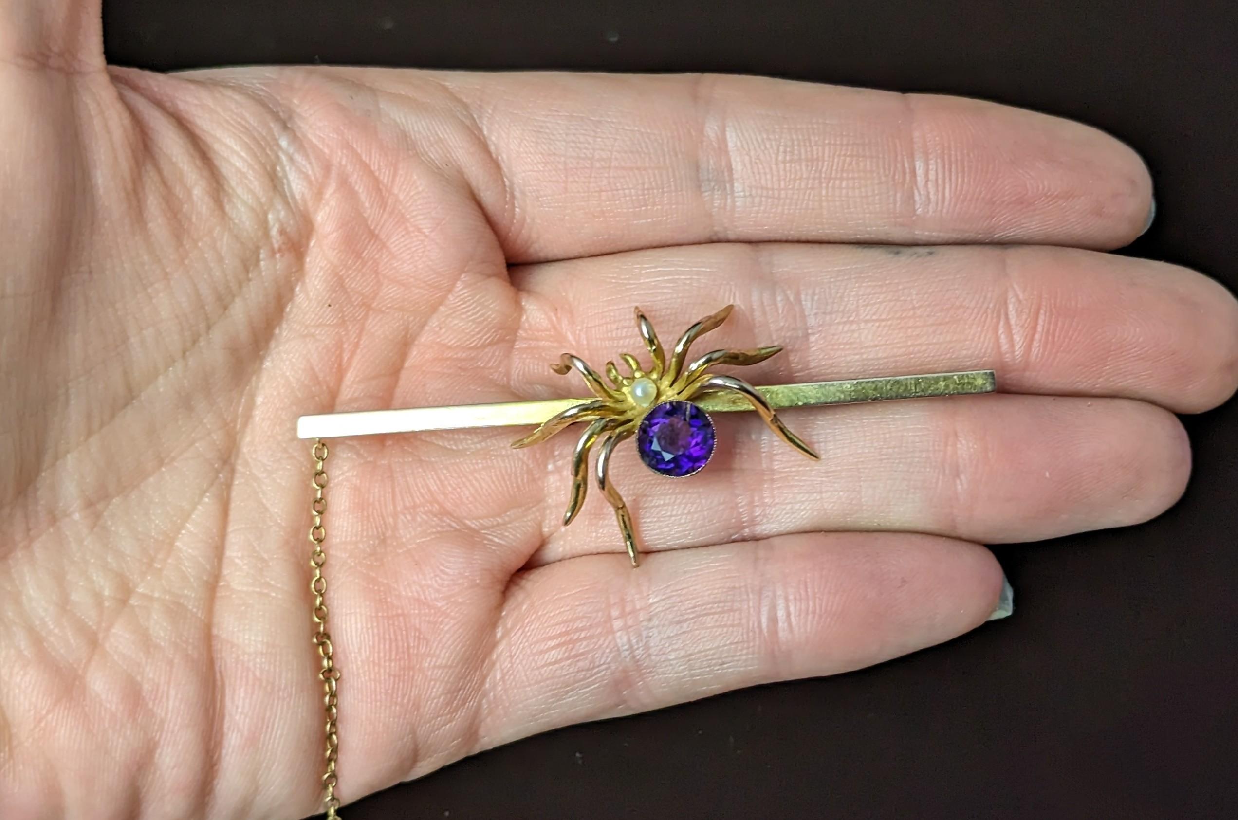 Women's or Men's Antique 9k gold spider brooch, Amethyst and Pearl, large, boxed 