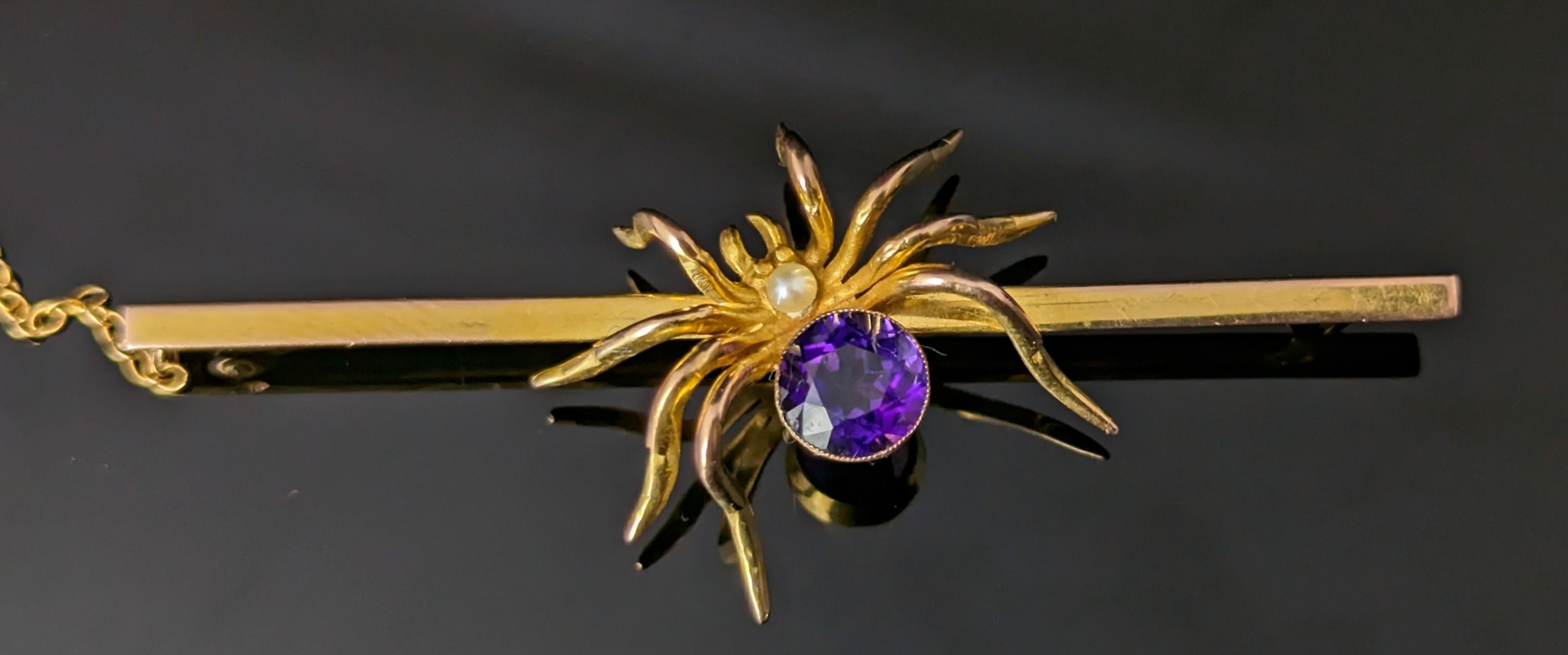 Antique 9k gold spider brooch, Amethyst and Pearl, large, boxed  1