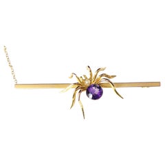 Antique 9k gold spider brooch, Amethyst and Pearl, large, boxed 