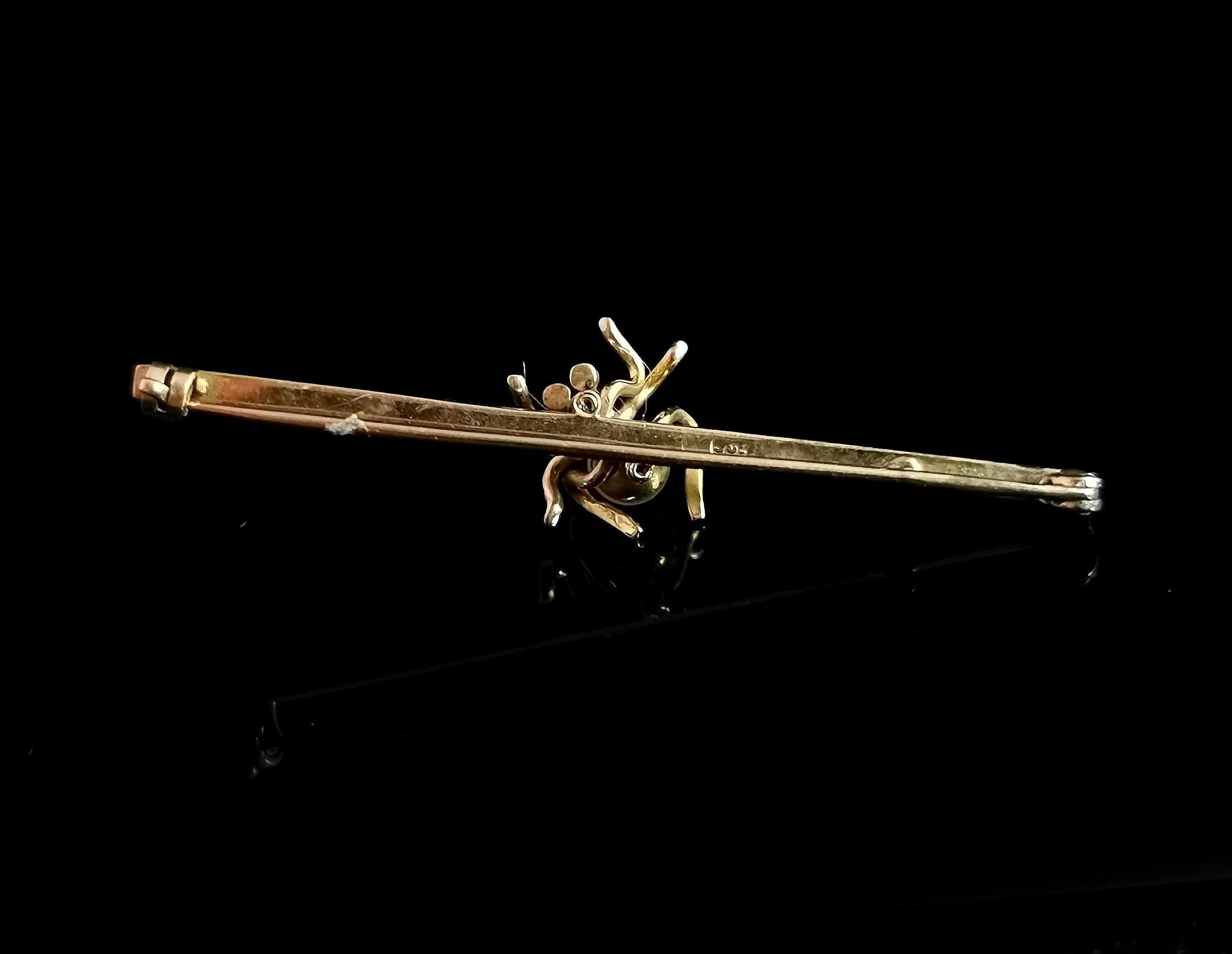 Antique 9k Gold Spider Brooch, Demantoid Garnet and Pearl, Edwardian For Sale 3