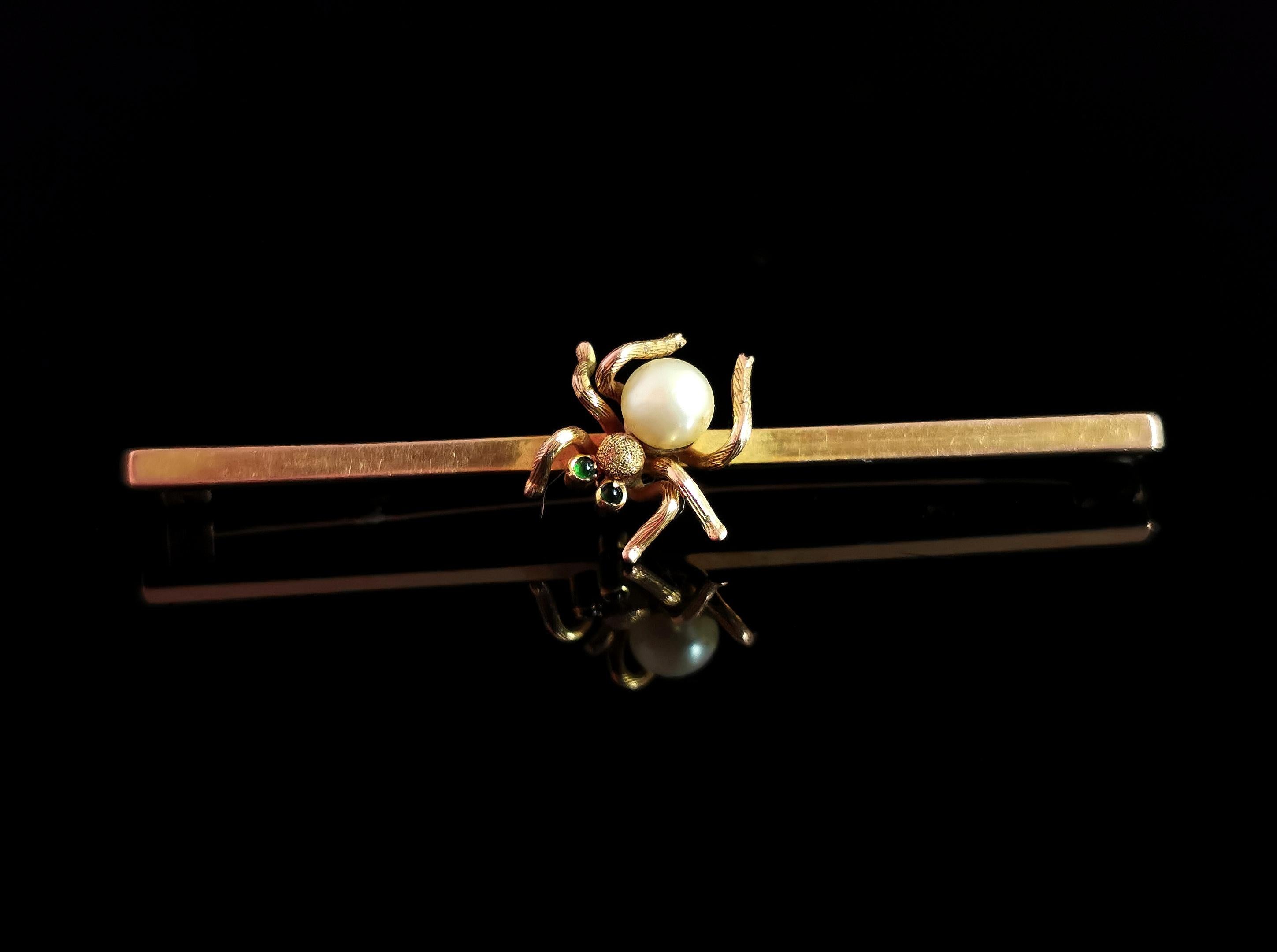 A gorgeous antique, early Edwardian 9ct gold spider brooch.

The body is made from a beautiful cultured pearl with cool tones and the eyes are set with tiny demantoid garnet cabochons.

Set into 9ct yellow gold and mounted onto a 9ct gold bar