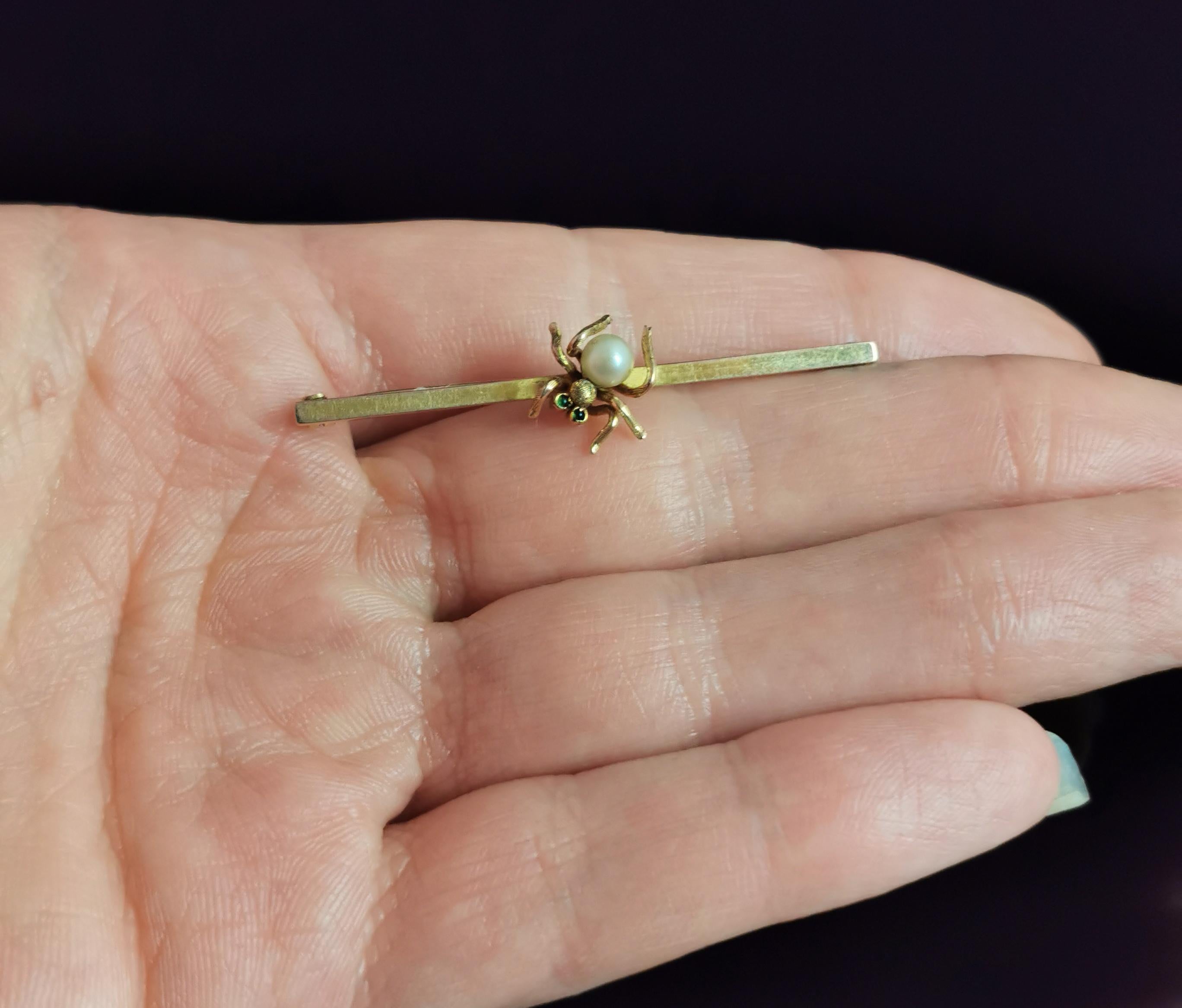 Broche araignée ancienne en or 9 carats, grenat démantoïde et perle, style édouardien Unisexe en vente