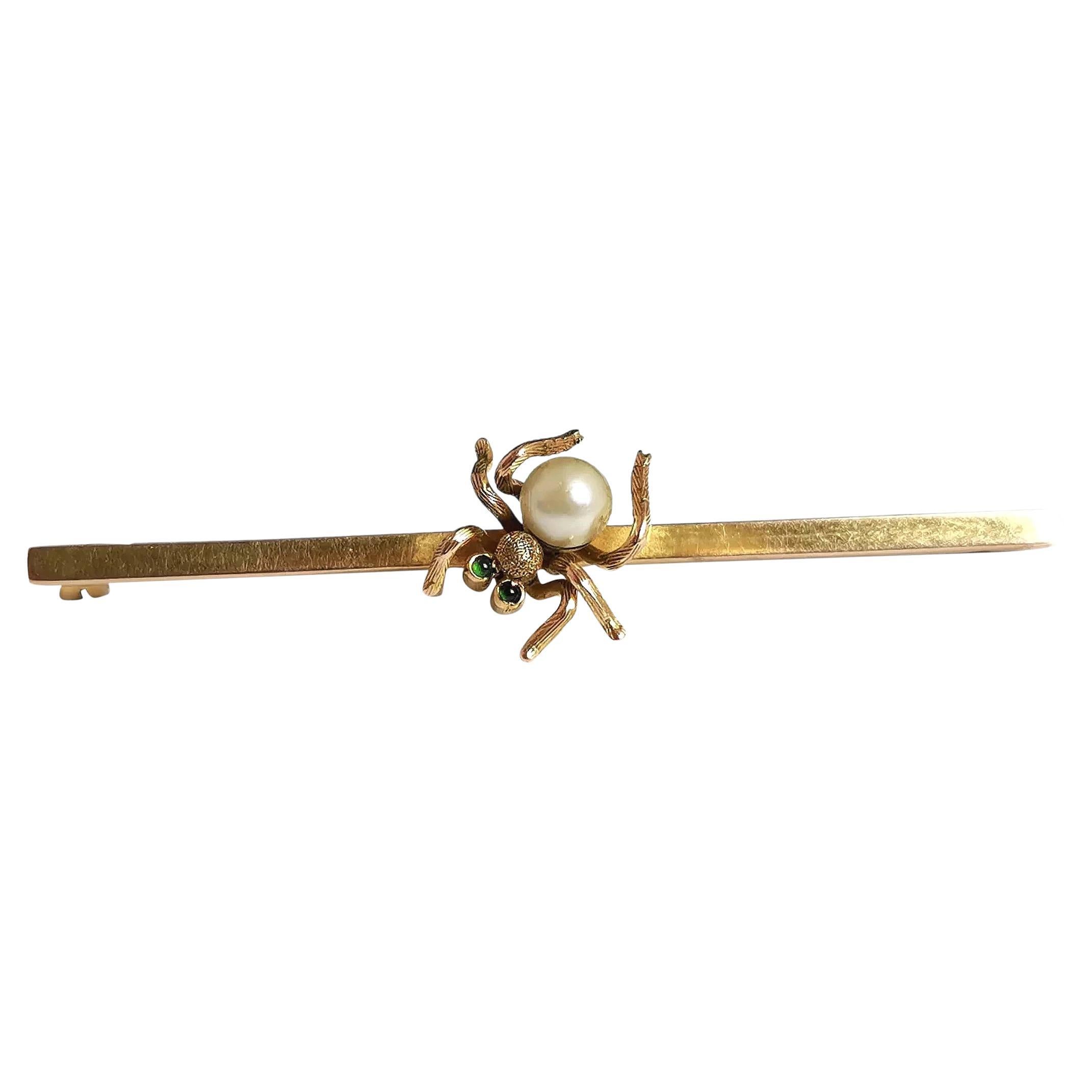 Antique 9k Gold Spider Brooch, Demantoid Garnet and Pearl, Edwardian
