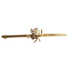 Antique 9k Gold Spider Brooch, Demantoid Garnet and Pearl, Edwardian