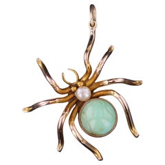 Antique 9K Gold Spider Pendant with Turquoise and Pearl