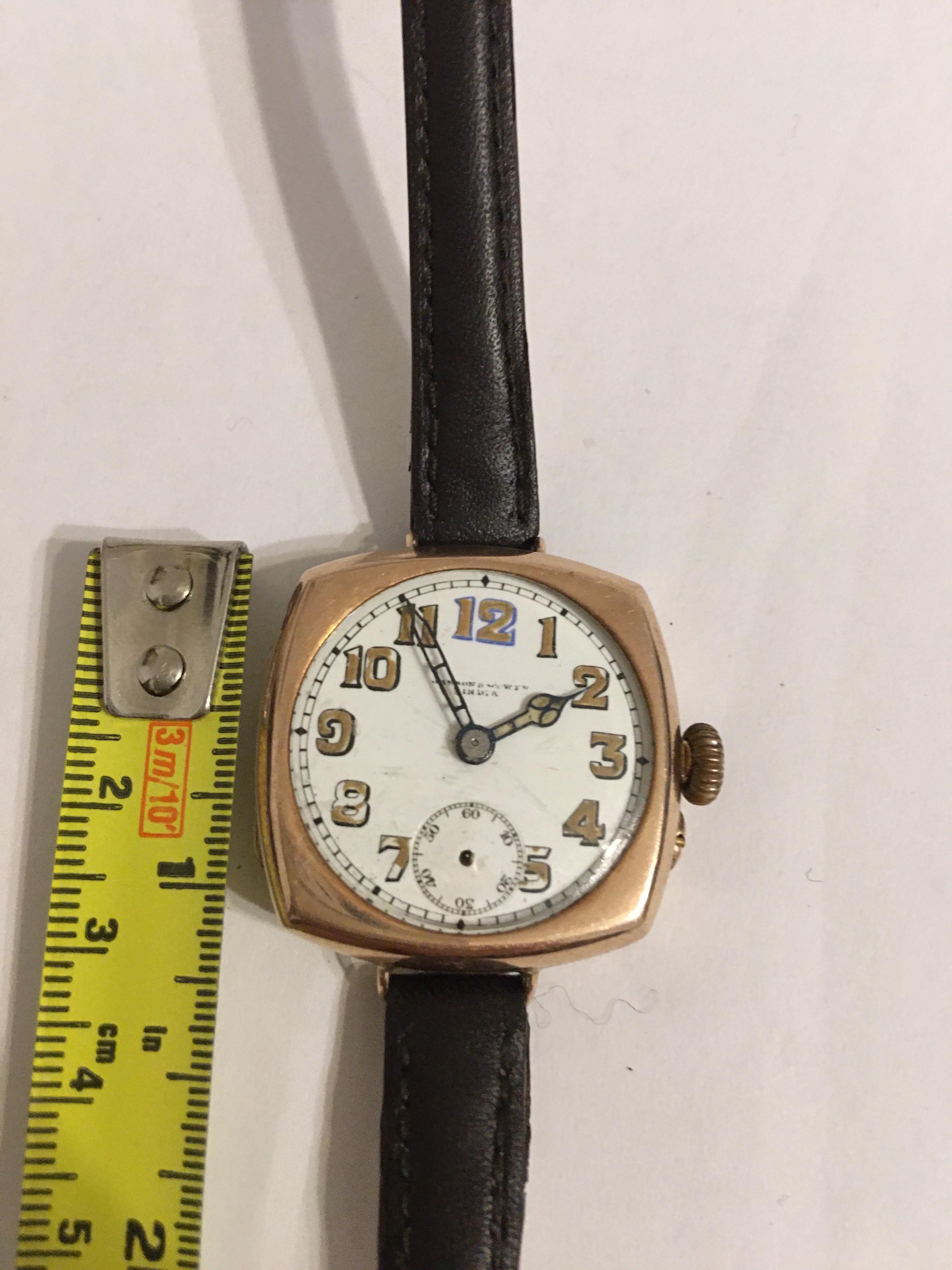 Antique 9 Karat Gold Square Trench Watch For Sale 5