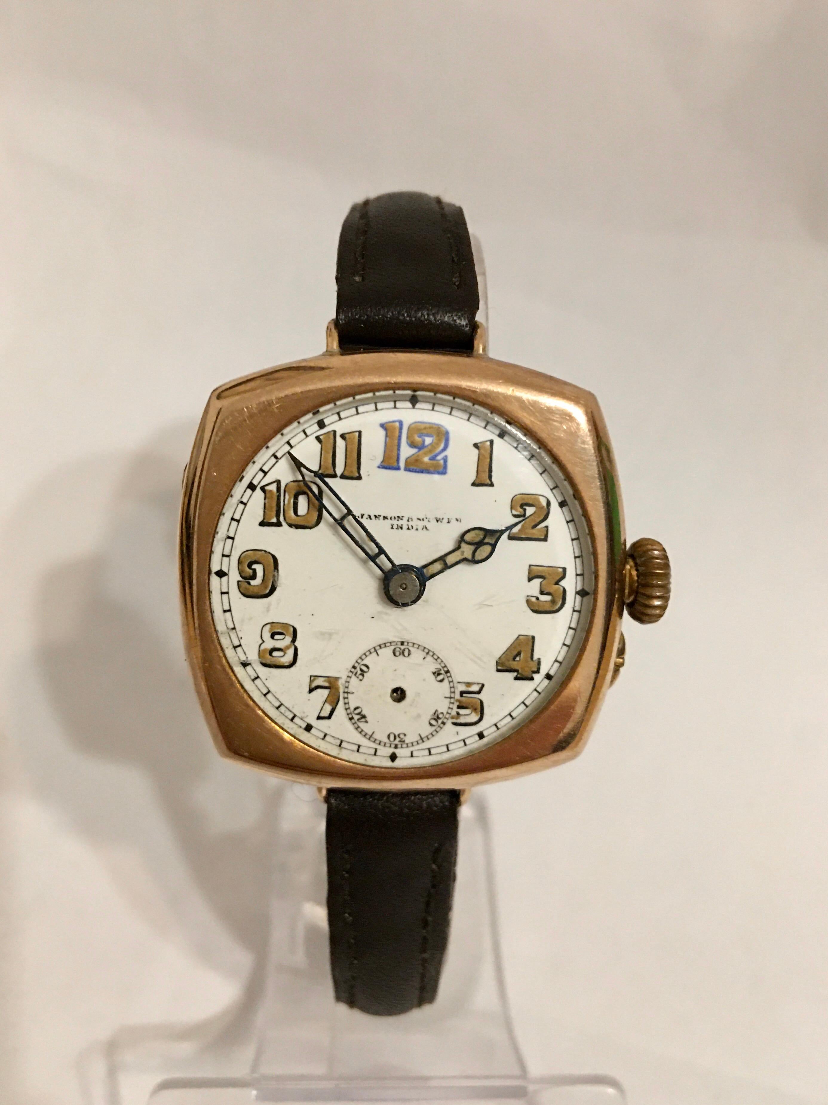 Antique 9 Karat Gold Square Trench Watch For Sale 7