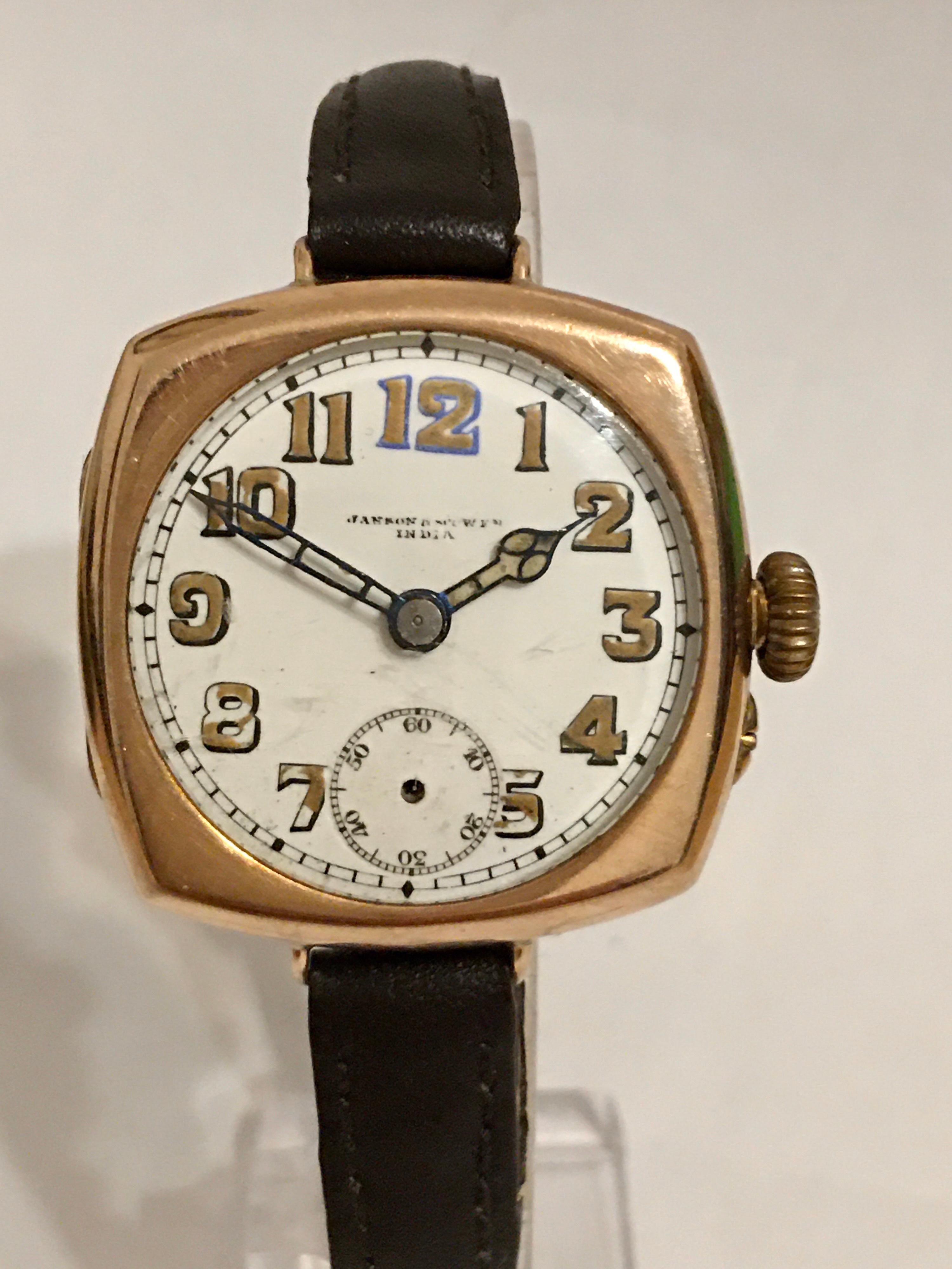 This beautiful hand-winding watch is working and ticking. The secondary hand is missing. The dial and it’s Arabic numerals & hands are worn as shown. Tiny dents and scratches on the watch case as show.

Please study the images carefully as form part
