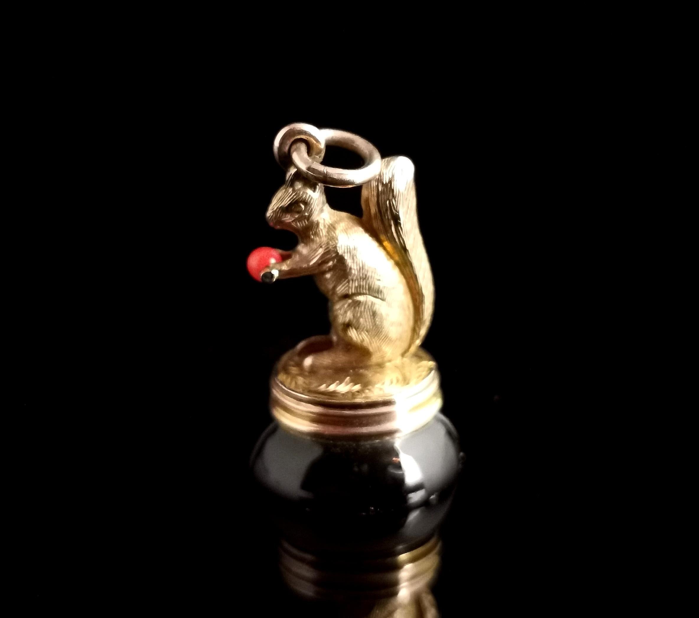 Victorian Antique 9k Gold Squirrel Figural Seal Fob, Banded Agate and Coral
