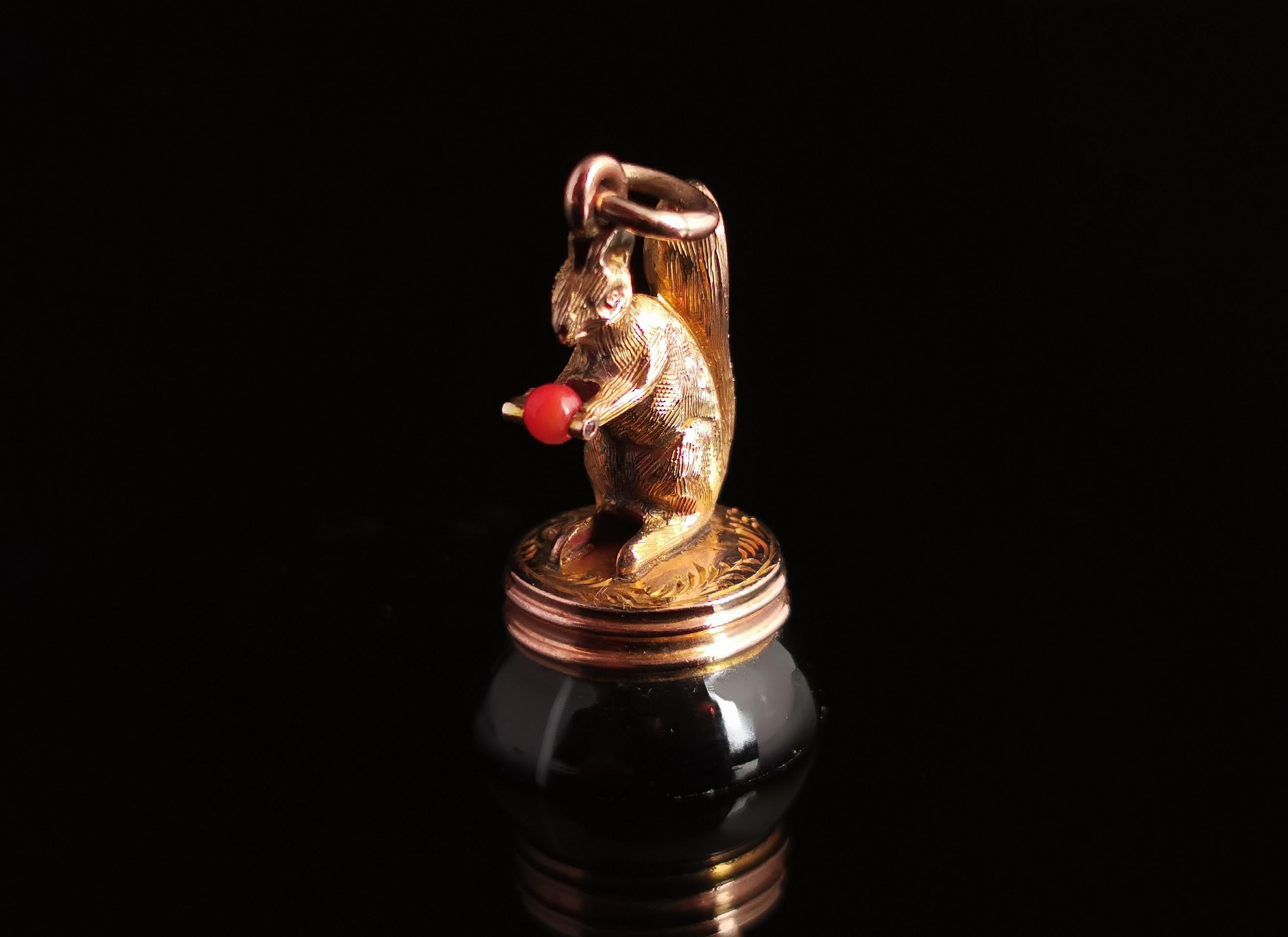 Bead Antique 9k Gold Squirrel Figural Seal Fob, Banded Agate and Coral