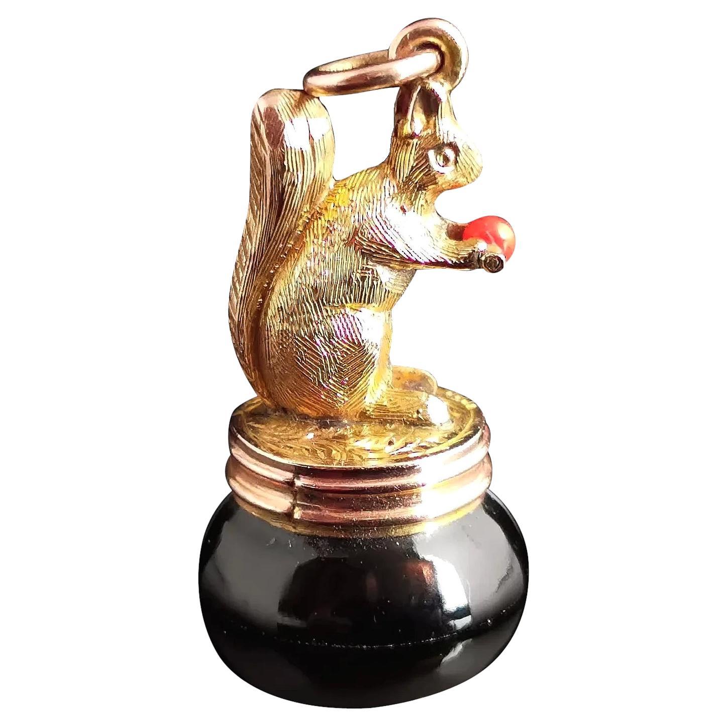 Antique 9k Gold Squirrel Figural Seal Fob, Banded Agate and Coral