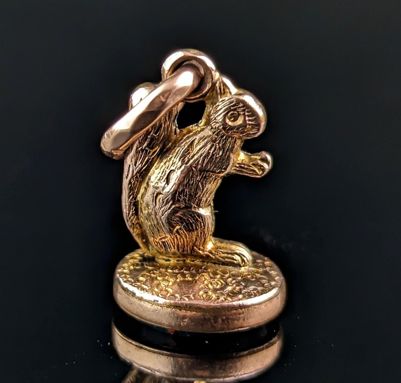 Antique 9k gold Squirrel seal fob pendant, charm  7