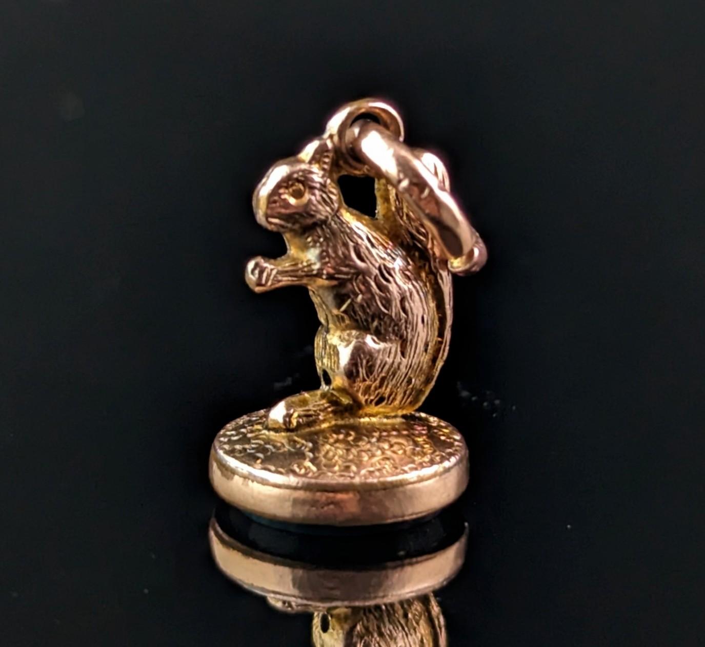 The sweetest little antique 9ct gold squirrel seal fob charm.

It is finely modelled in aged 9ct yellow gold as a little squirrel, it has its arms raised as if holding a nut and the base is set with a small faux bloodstone glass seal.

The charm is