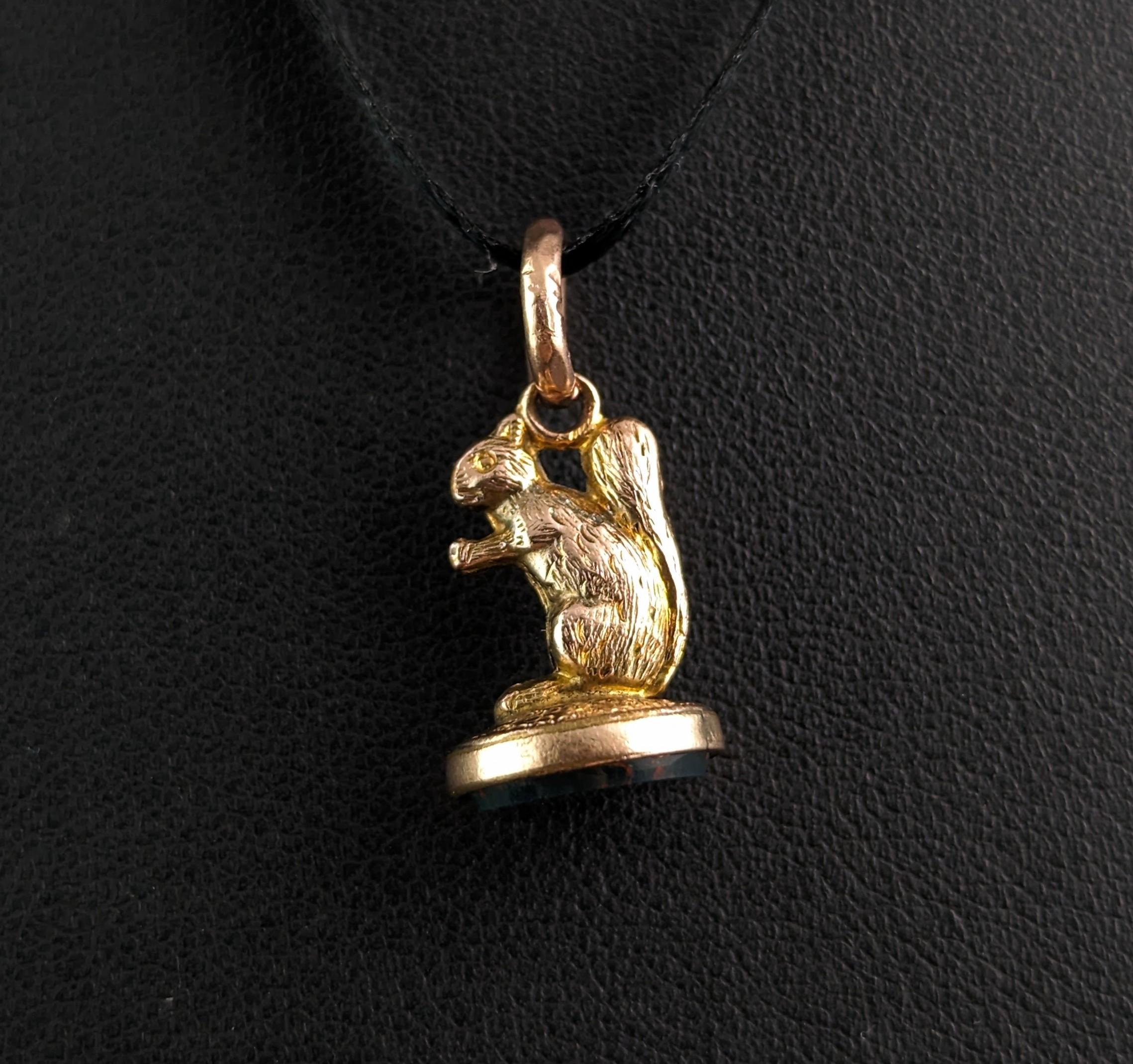 Art Deco Antique 9k gold Squirrel seal fob pendant, charm 