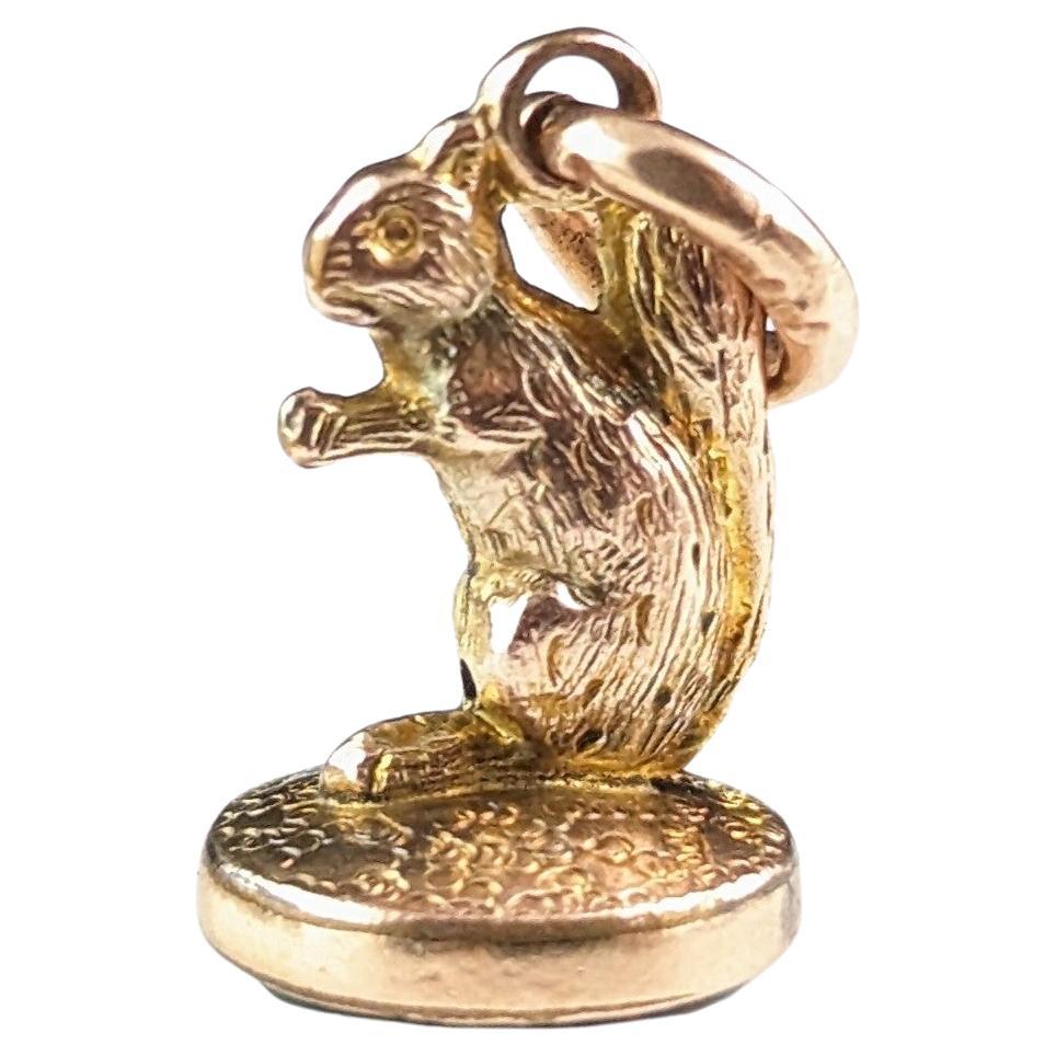 Antique 9k gold Squirrel seal fob pendant, charm 