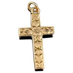 Antique 9k Gold Tiny Cross Pendant, Floral Engraved, Dainty