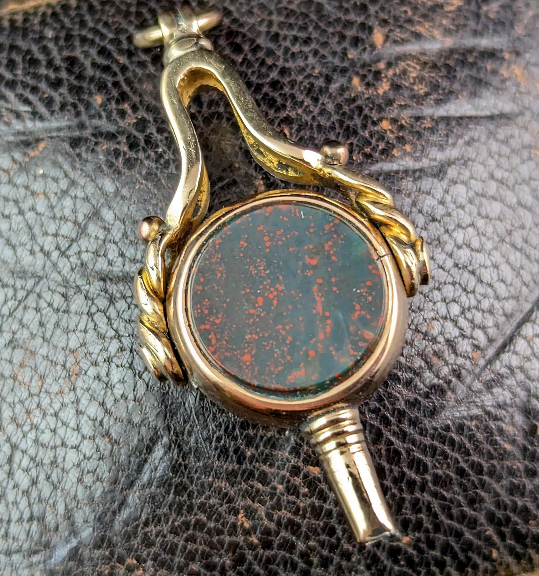Antique 9k Gold Watch Key Fob, Seal Pendant, Carnelian and Bloodstone 8