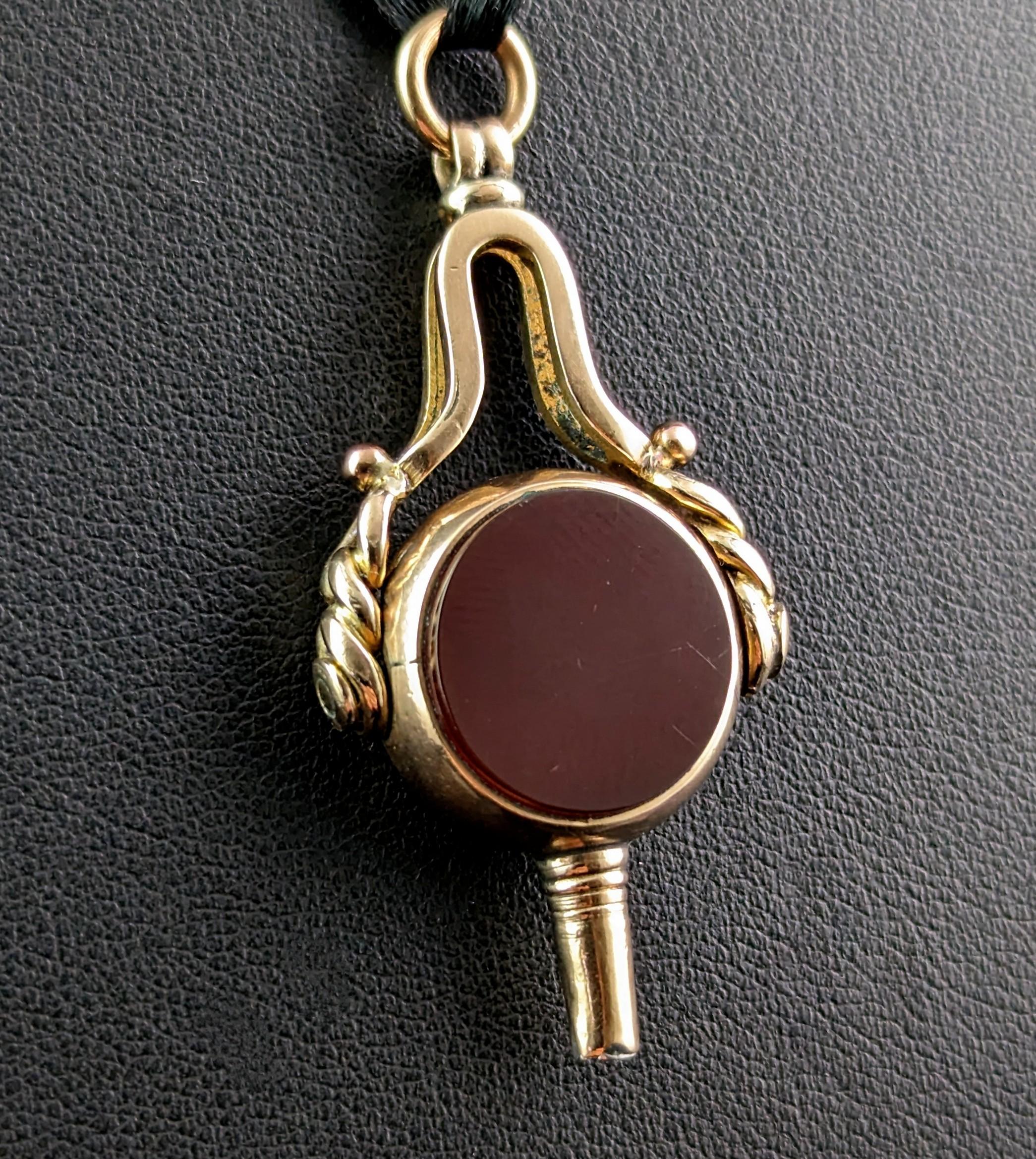 Uncut Antique 9k Gold Watch Key Fob, Seal Pendant, Carnelian and Bloodstone