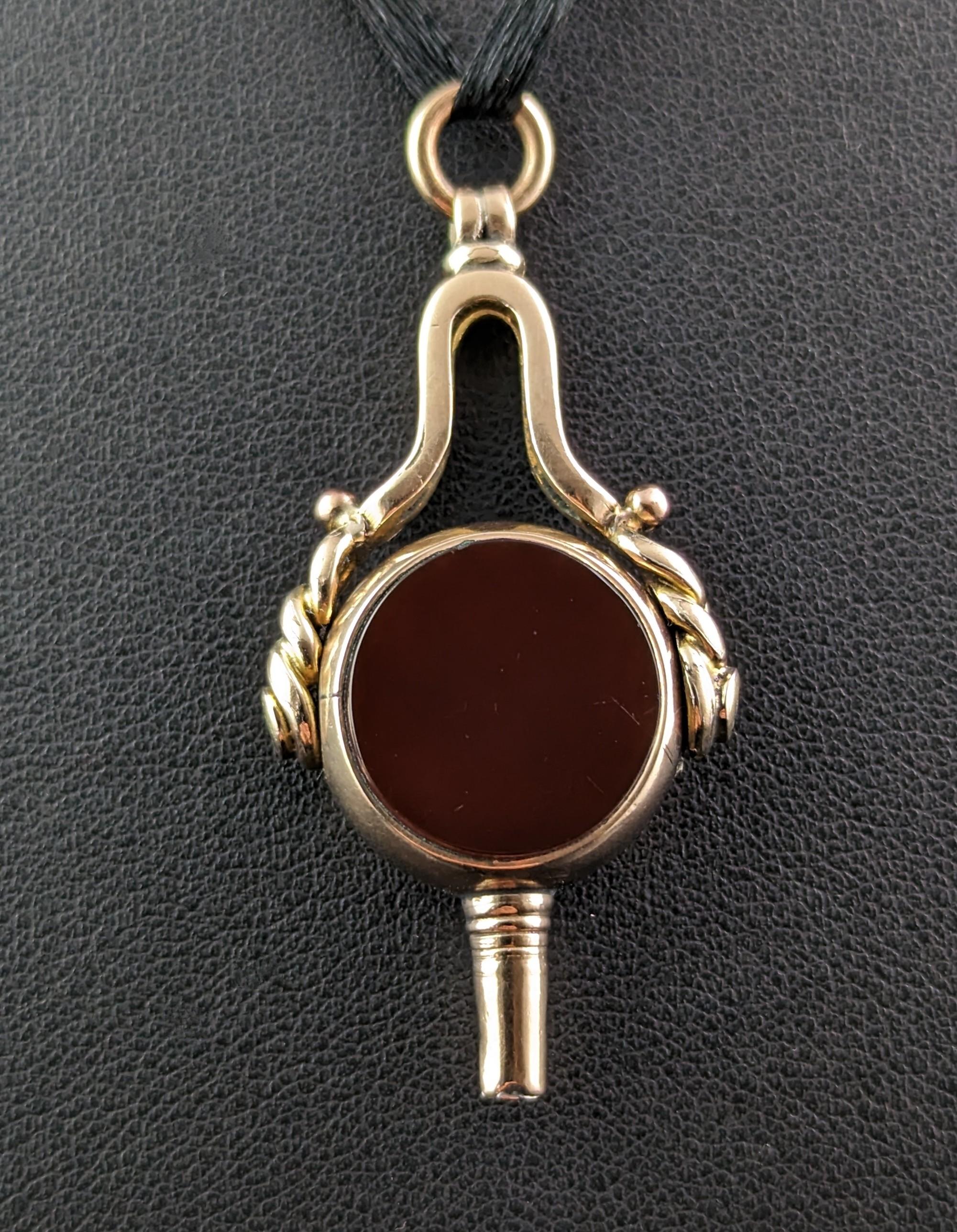 Antique 9k Gold Watch Key Fob, Seal Pendant, Carnelian and Bloodstone In Good Condition In NEWARK, GB