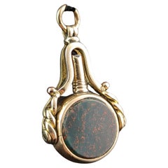 Antique 9k Gold Watch Key Fob, Seal Pendant, Carnelian and Bloodstone