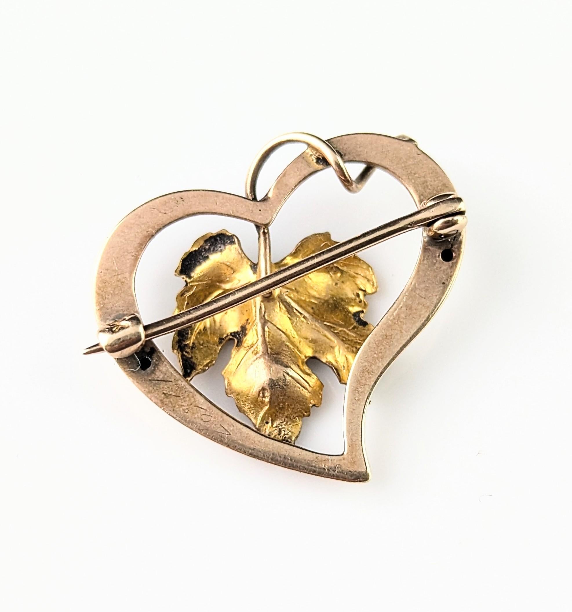 Antique 9k gold Witches heart brooch, maple leaf, enamel For Sale 6
